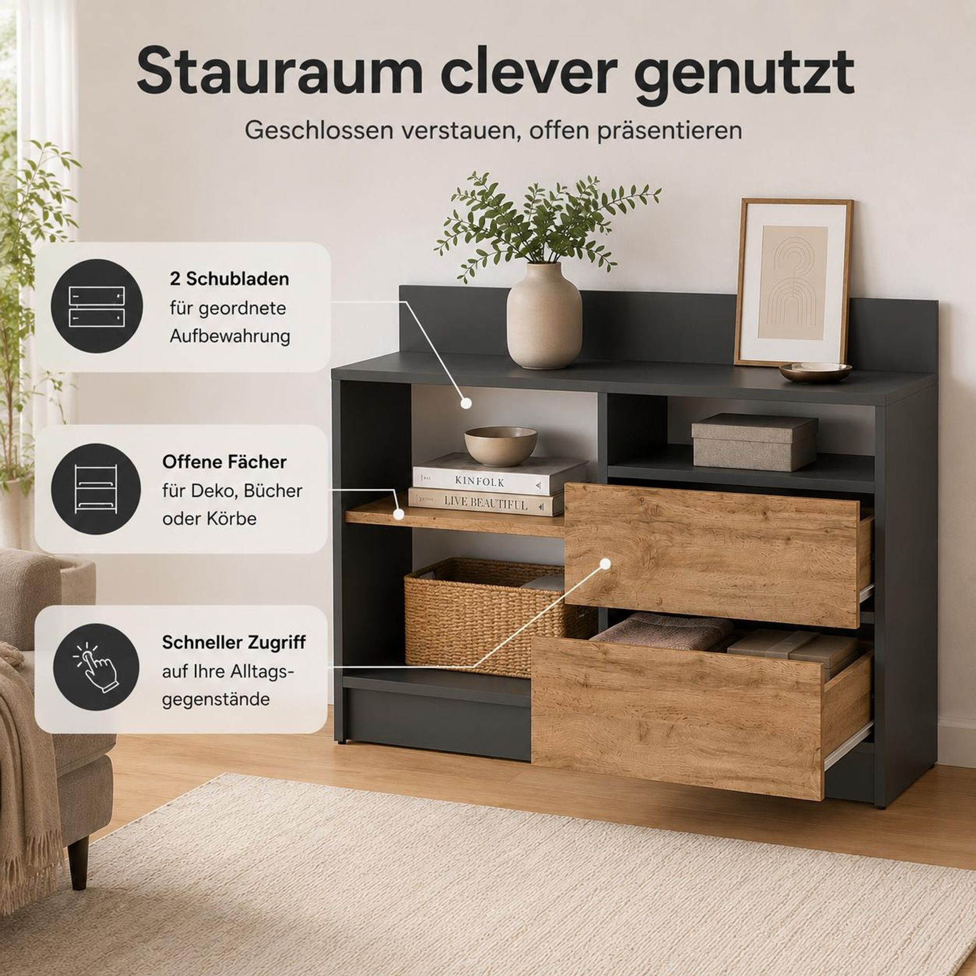 Abmessungen der Kommode in Anthrazit und Eiche Wotan: 100 cm Breite, 76 cm Höhe.