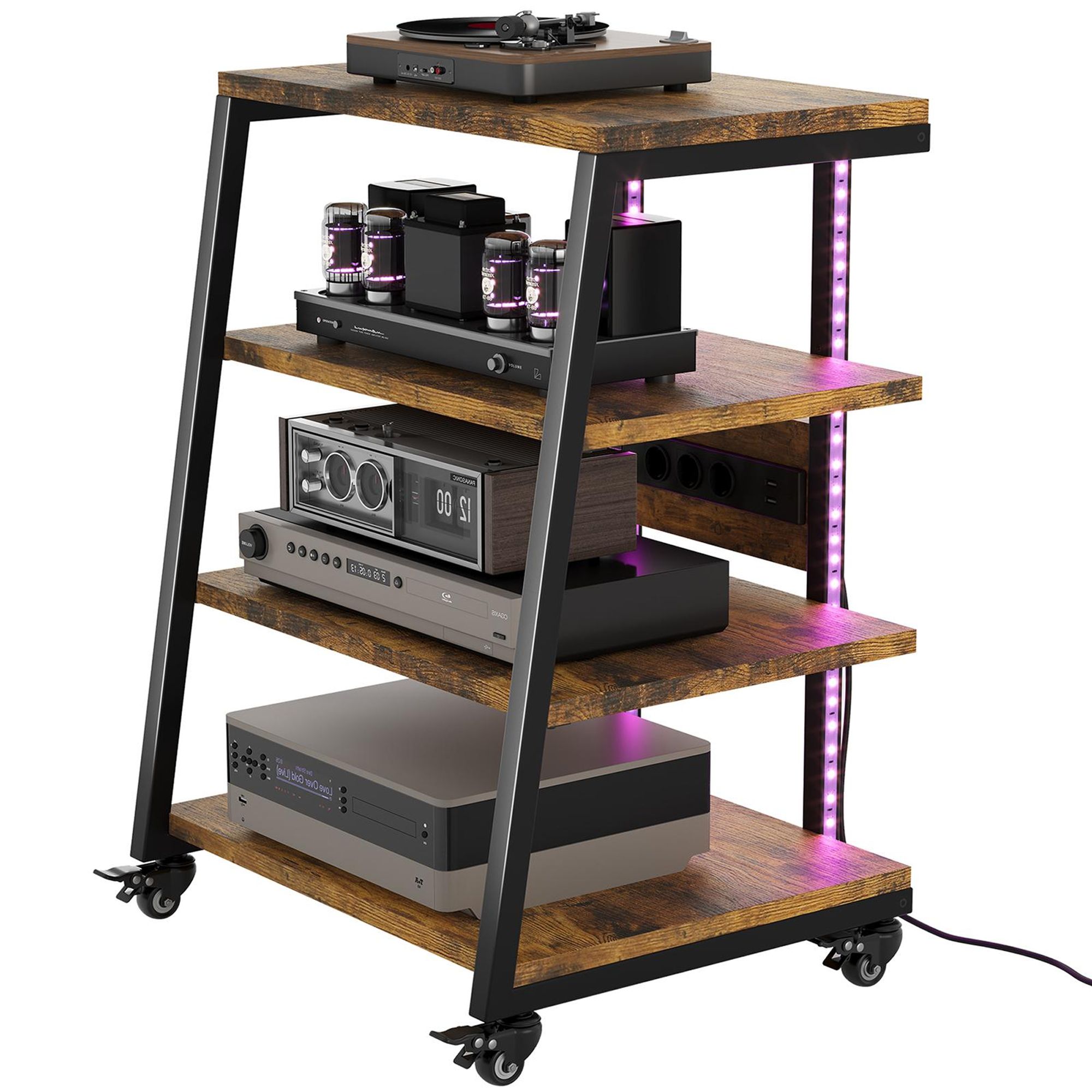 4-stufiger HiFi Rack mit Rädern, Schrank mit Steckdosenleisten, LED-Leuchten, Verstellbaren Ablage Holz Medienständer HiFi Regal für Audioanlage