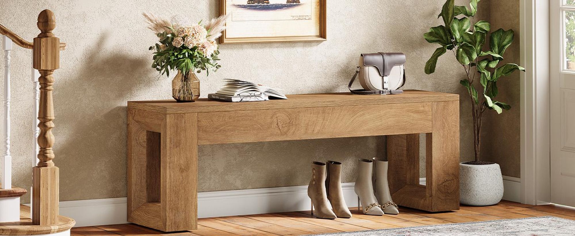 120 cm Eingangsbank, Sitzbänke im Landhausstil, Schuhbank für Esszimmer, Wohnzimmer, Eingangsbereich, Flur, Naturholzfarbe