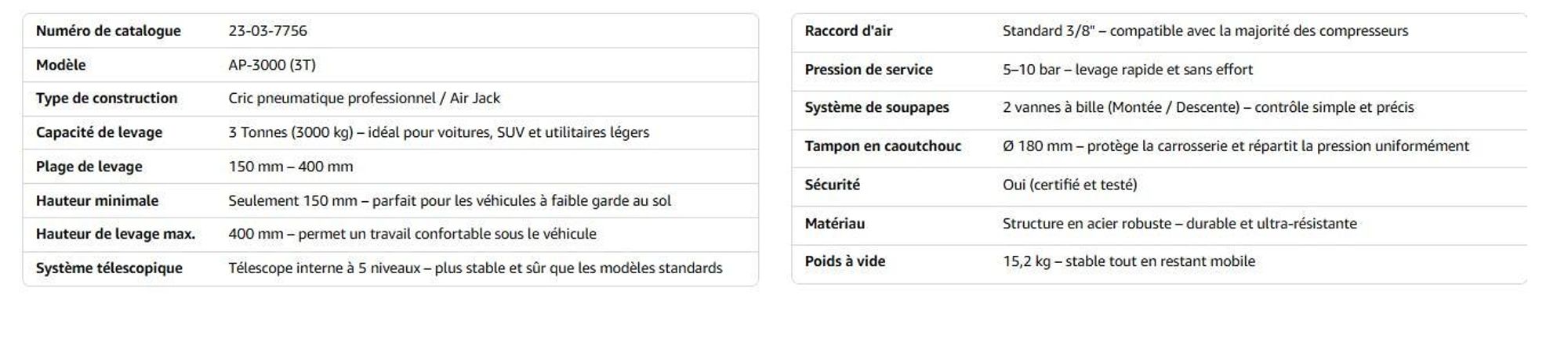 Cric pneumatique 3T AP-3000, cric pneumatique 150–400 mm, pour atelier de réparation automobile
