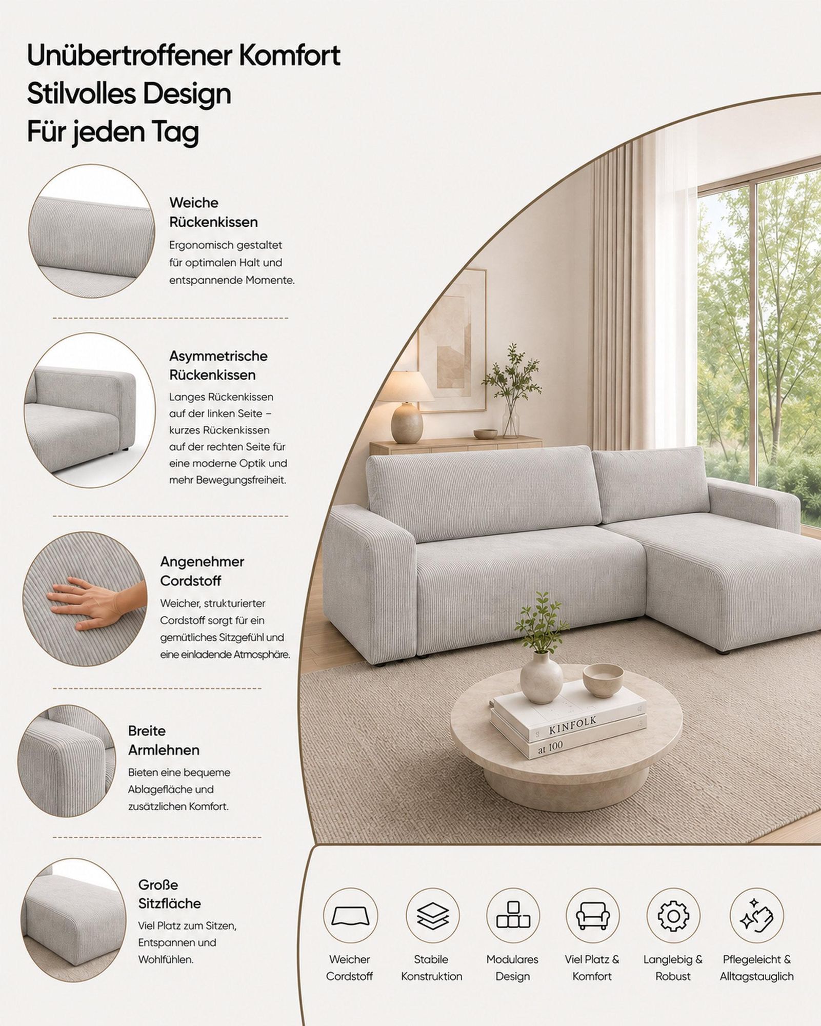 VENASI LUNA Universell Ecksofa mit Schlaffunktion und Bettkasten Cord Braun Schlafsofa Eckcouch Sofa