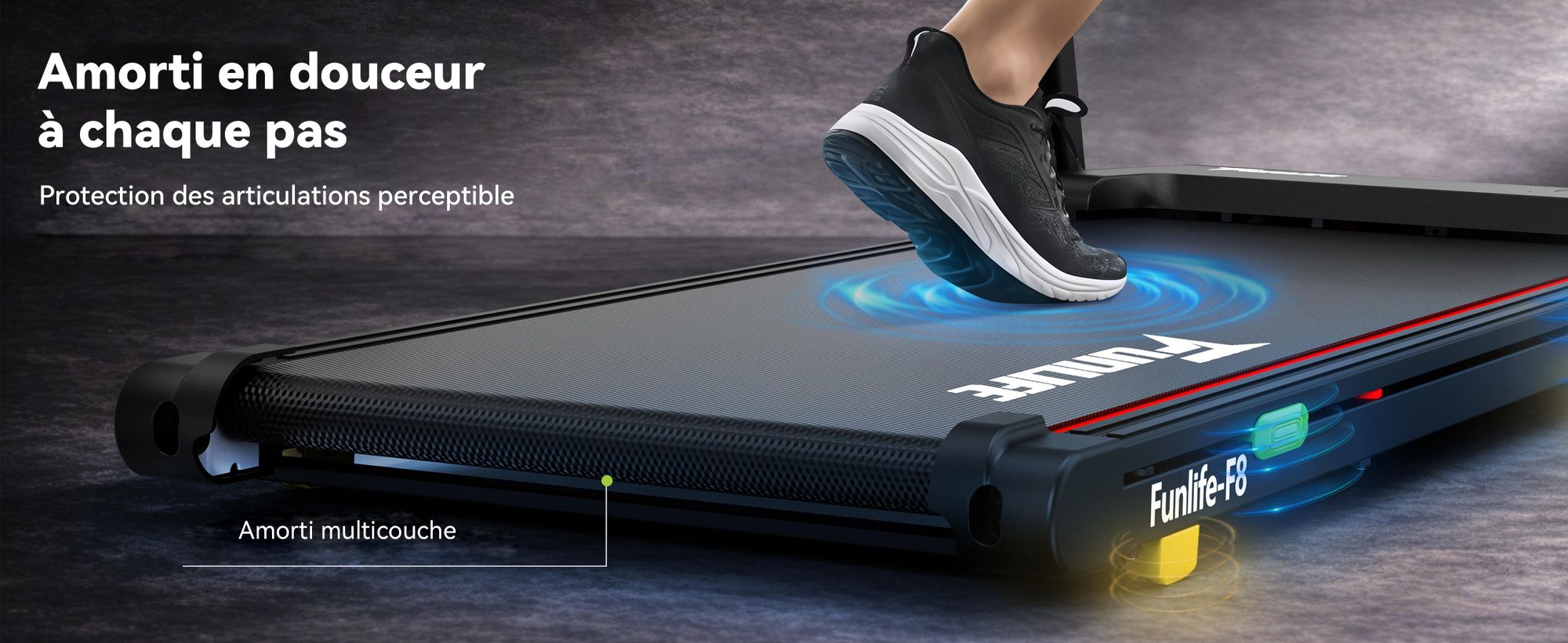 Tapis de course pliable FunLife F8 avec une inclinaison de 5 %, écran intégré à la main courante, surface de course extra-large, silencieux et ménageant les articulations, 12 programmes, 1 à 12 km/h