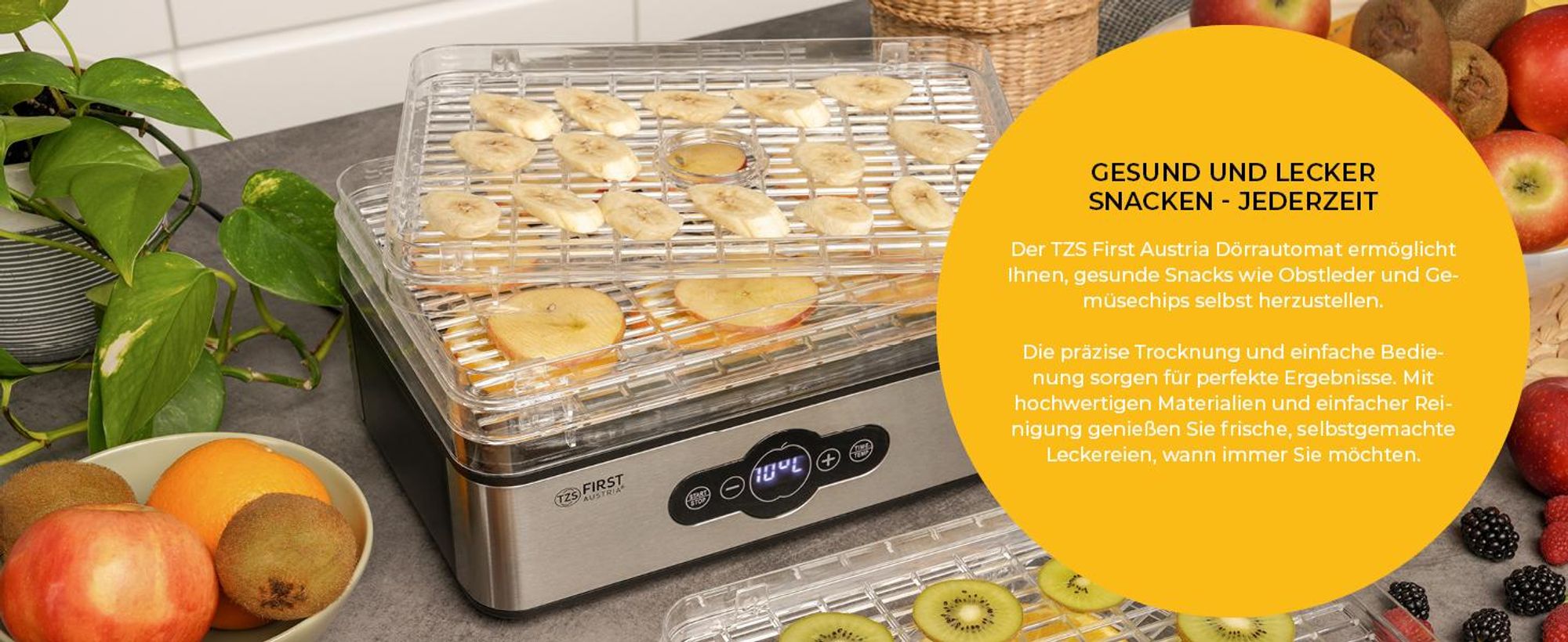 TZS First Austria Dörrgerät 240W, Dörrautomat mit Temperaturregler, Dampfgarer für Obst, Gemüse, Fleisch, Pilze