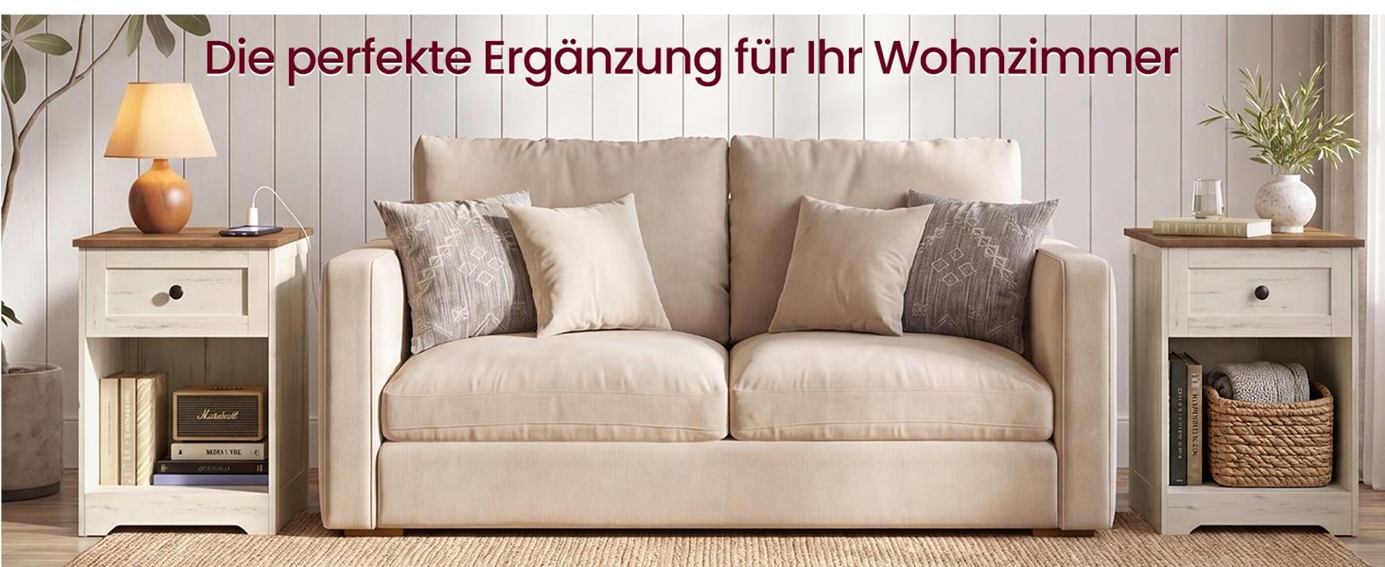 VASAGLE Nachttisch 2er Set mit Steckdose und Schublade, Vintage Kommode Schlafzimmer, 40 x 30 x 59 cm, Weiß und Braun