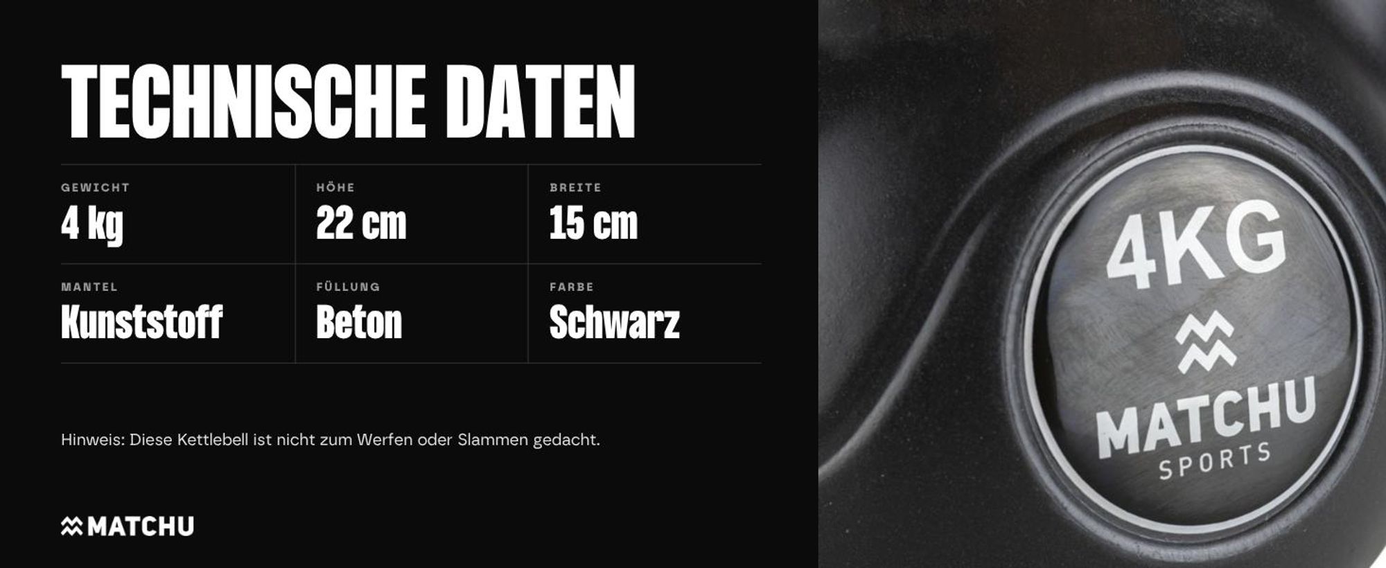 Matchu Sports Kettlebell 4 kg mit Kunststoffhülle und Betonfüllung – Kugelhantel für Krafttraining und Functional Fitness zu Hause – Schwarz