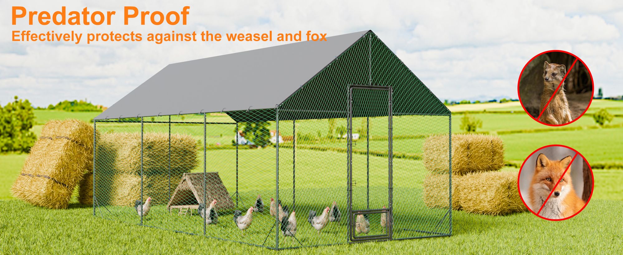 WISFOR 11.6㎡ Hühnerstall Tiergehege Freilaufgehege Tierlaufstall mit PE-Schattendach, Größe XL: 300 x 405 x 276 cm