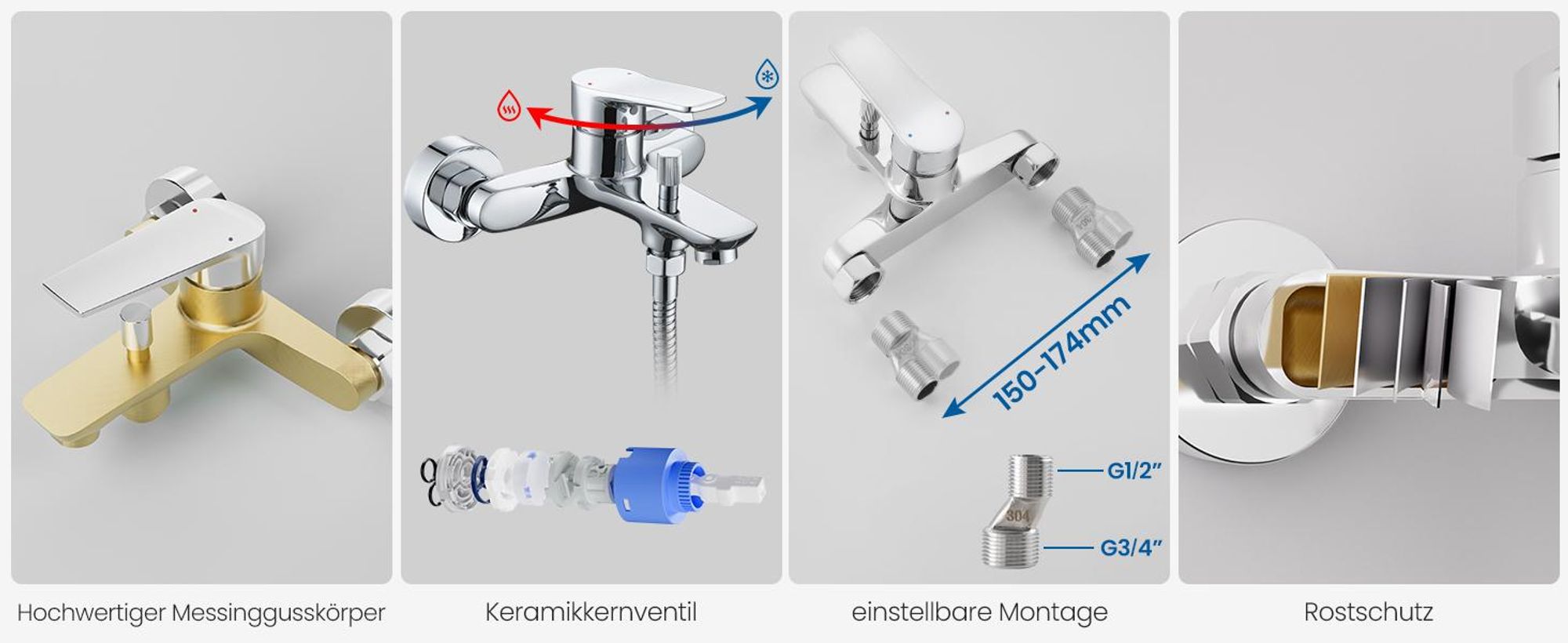 Auralum Badewannenarmatur Chrom, Messing Duschset mit 3-Funktionen Handbrause und 70cm Duschstange, Wannenarmatur verchromt mit Wanneinlauf