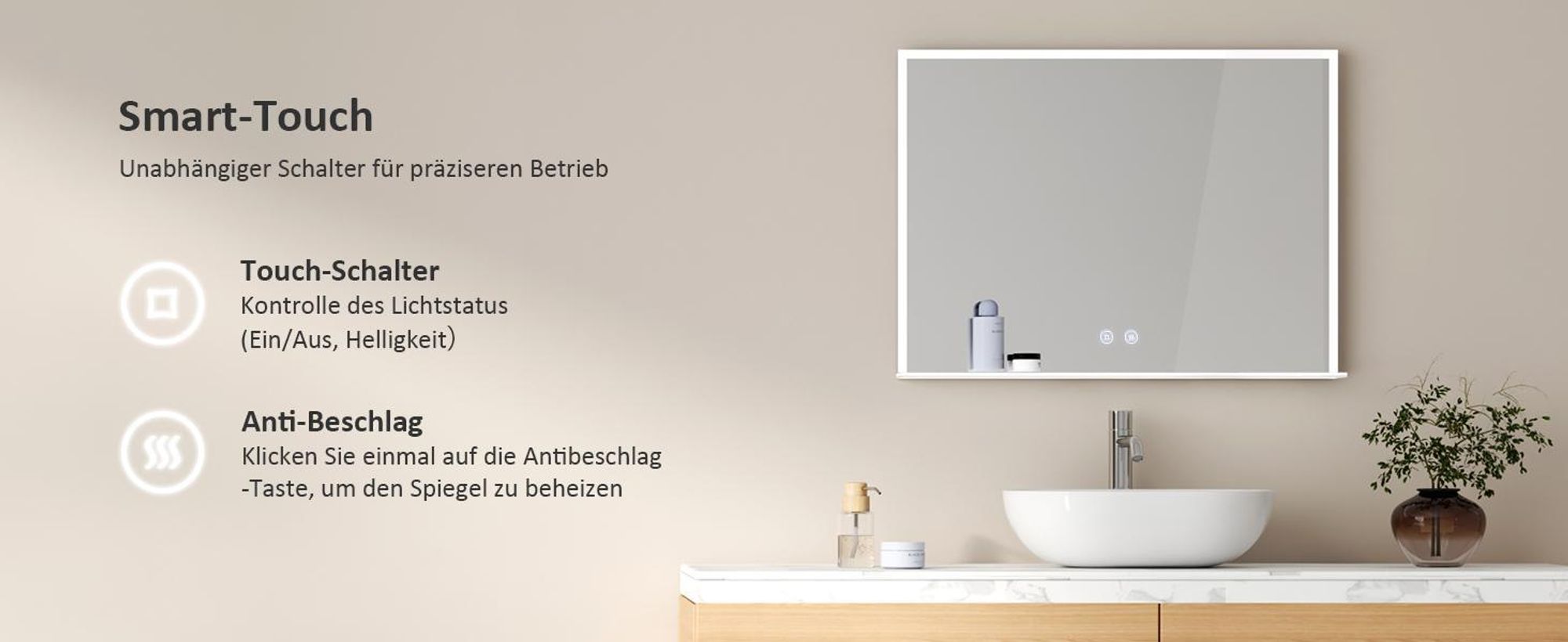 EMKE Badspiegel 80x60cm LED Beleuchtung mit Ablage Horizontal Badezimmerspiegel Touchschalter 6500K Beschlagfrei horizontal Spiegel Touch kaltmweiß