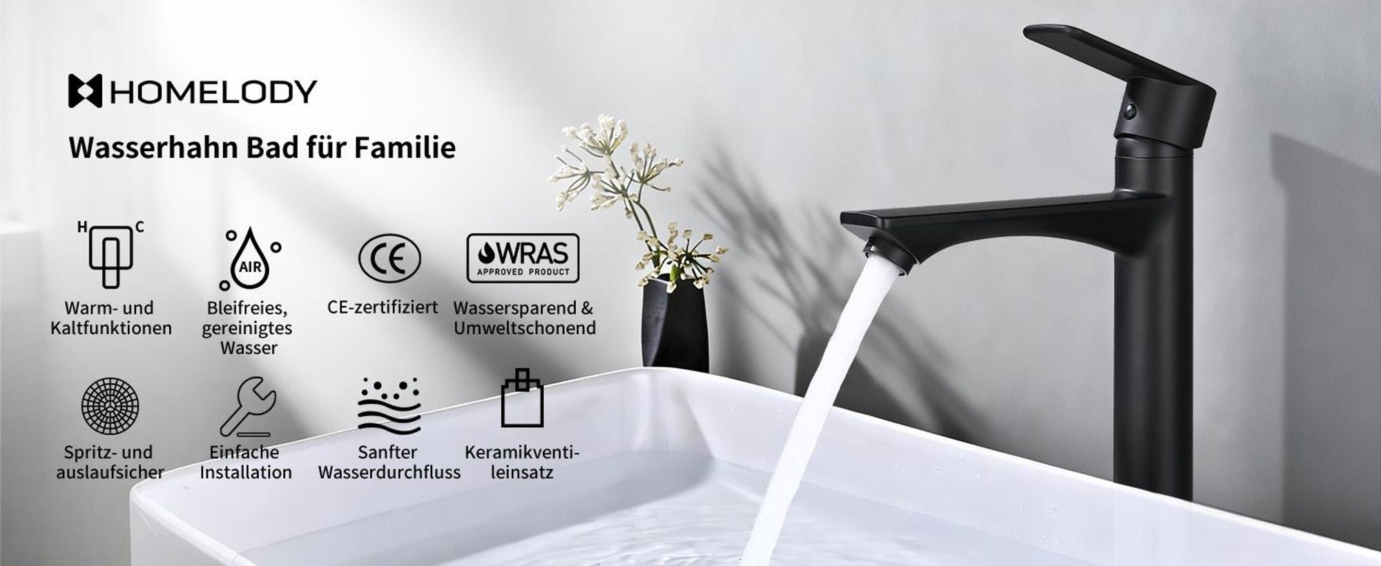 Homelody Wasserhahn Bad Schwarz,Waschtischarmatur Mischbatterie Einhebelmischer für Aufsatzwaschbecken, Ablaufventil mit Pop-up Mechanismus
