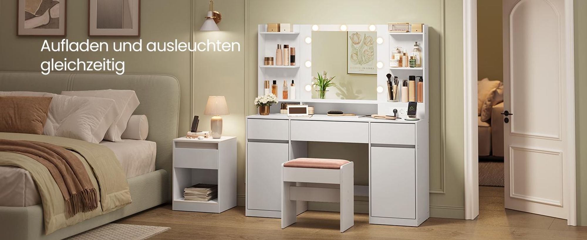 VASAGLE Schminktisch, Steckdosenleiste, 9 dimmbare Glühbirnen, 3 Lichtfarben, verstellbare Ablagen