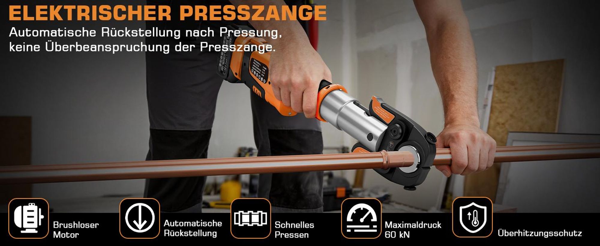 Akku Presszange Rohrpresszange TH & V-Kontur [TH16 TH20 TH26 TH32, V12 V15 V18 V22 V28] LCD-Display, 2x5.0Ah-Akku für Kupfer-/Edelstahl-/Verbundrohr