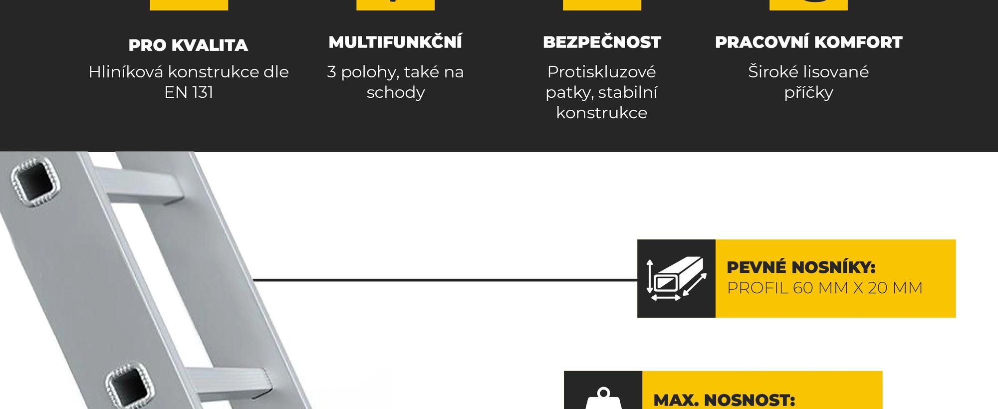 DRABEST | Žebřík - Řada PRO - Hliníkový víceúčelový žebřík, 3 díly - Průmyslový žebřík 3 x 7 schodů - Pracovní výška 5 m - až 150 kg - vč. háku na kbe