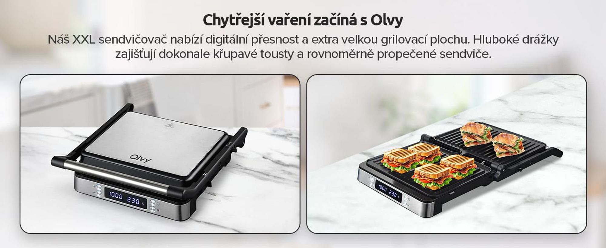 Kontaktní gril Olvy XXL 2000W - sendvičovač pro 4 sendviče, panini maker se 7 programy, stolní gril s displejem, bez PFAS, nastavitelný do 230°