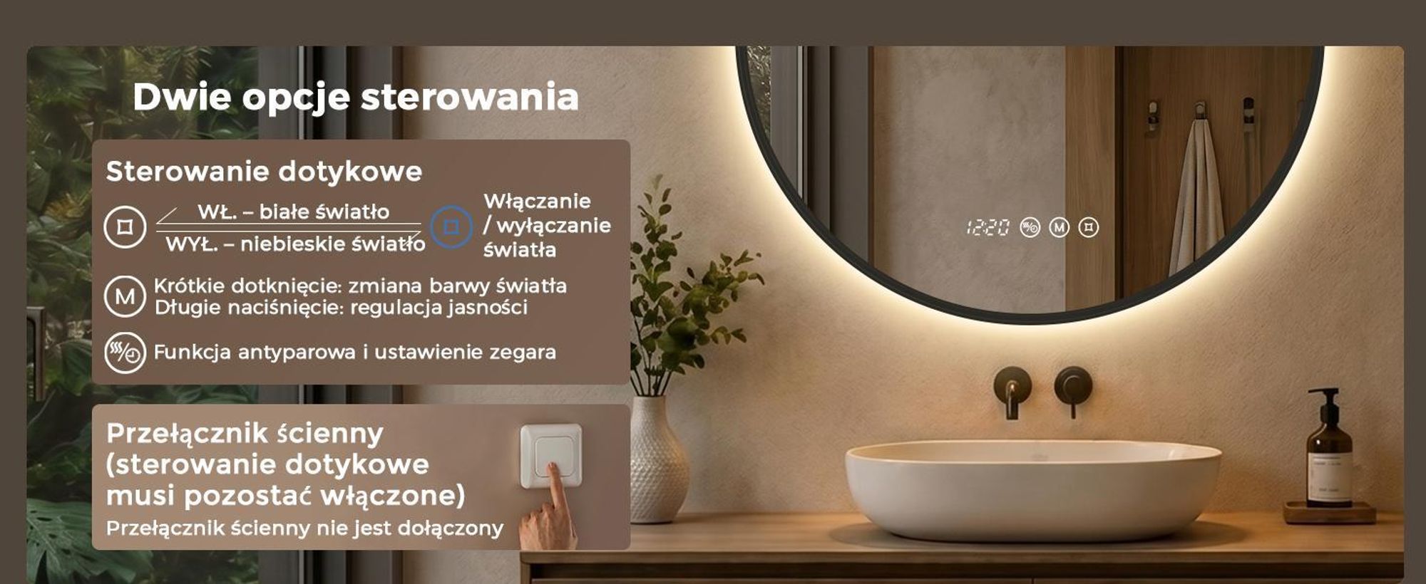S'AFIELINA Lustro Łazienkowe LED 80 cm, Okrągłe, Czarna Rama, 3 Barwy Światła, Regulacja Jasności, Antypara, Zegar, Wyświetlacz Temperatury