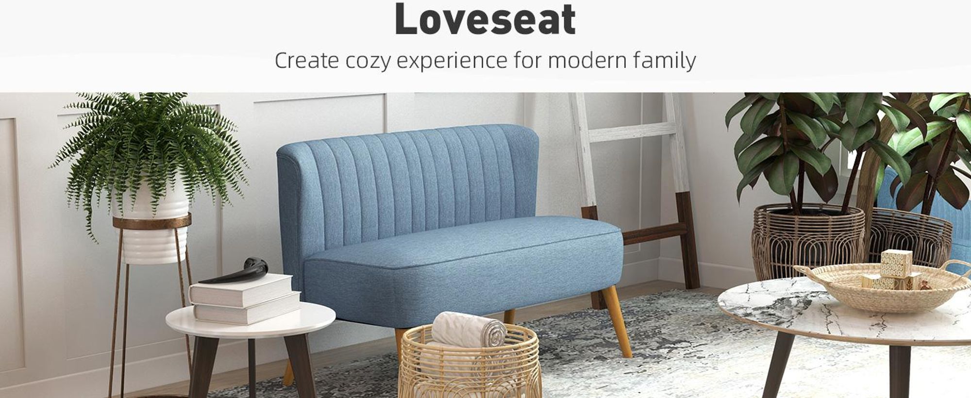 Sofa dwuosobowa HOMCOM, mała sofa dwuosobowa z lnianym wzorem, nowoczesna tapicerowana sofa do salonu, sypialni, małej przestrzeni, niebieska, 117 x 56,5 x 77 cm