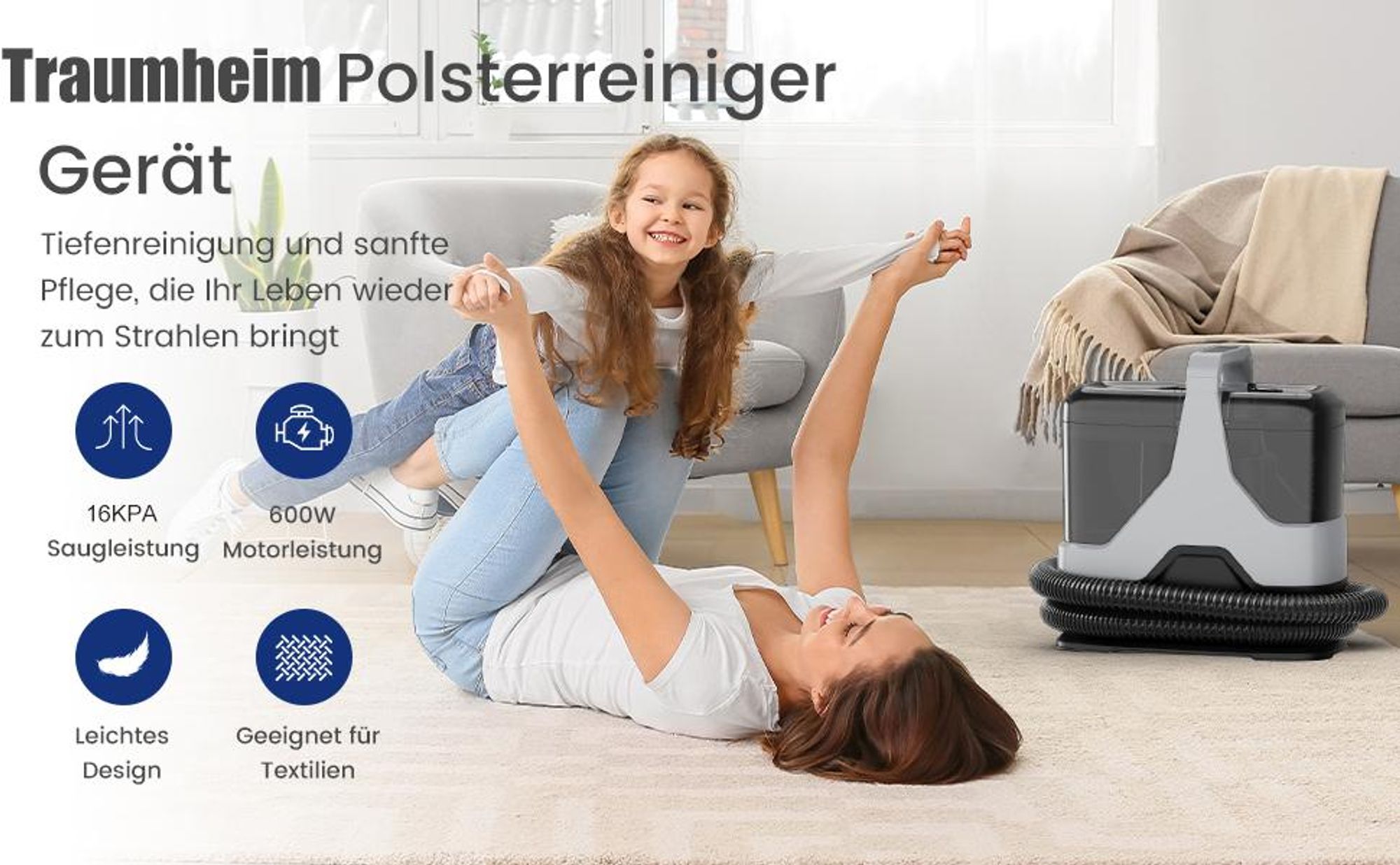 Waschsauger Polsterreiniger Teppichreiniger, 600W Nass-/Trockensauger, mit 1,3L/1,1L Doppeltank, Selbstreinigungsfunktion, Fleckenreiniger,mit Zubehör