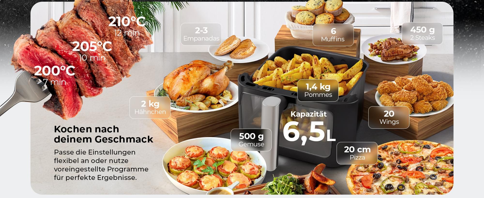 Balter Heißluftfritteuse XXL 6,5L mit Sichtfenster, 1700W, Airfryer, ohne Öl, 12 Programme, Touch-Bedienung, 100 Rezepte, Edelstahl, Schwarz