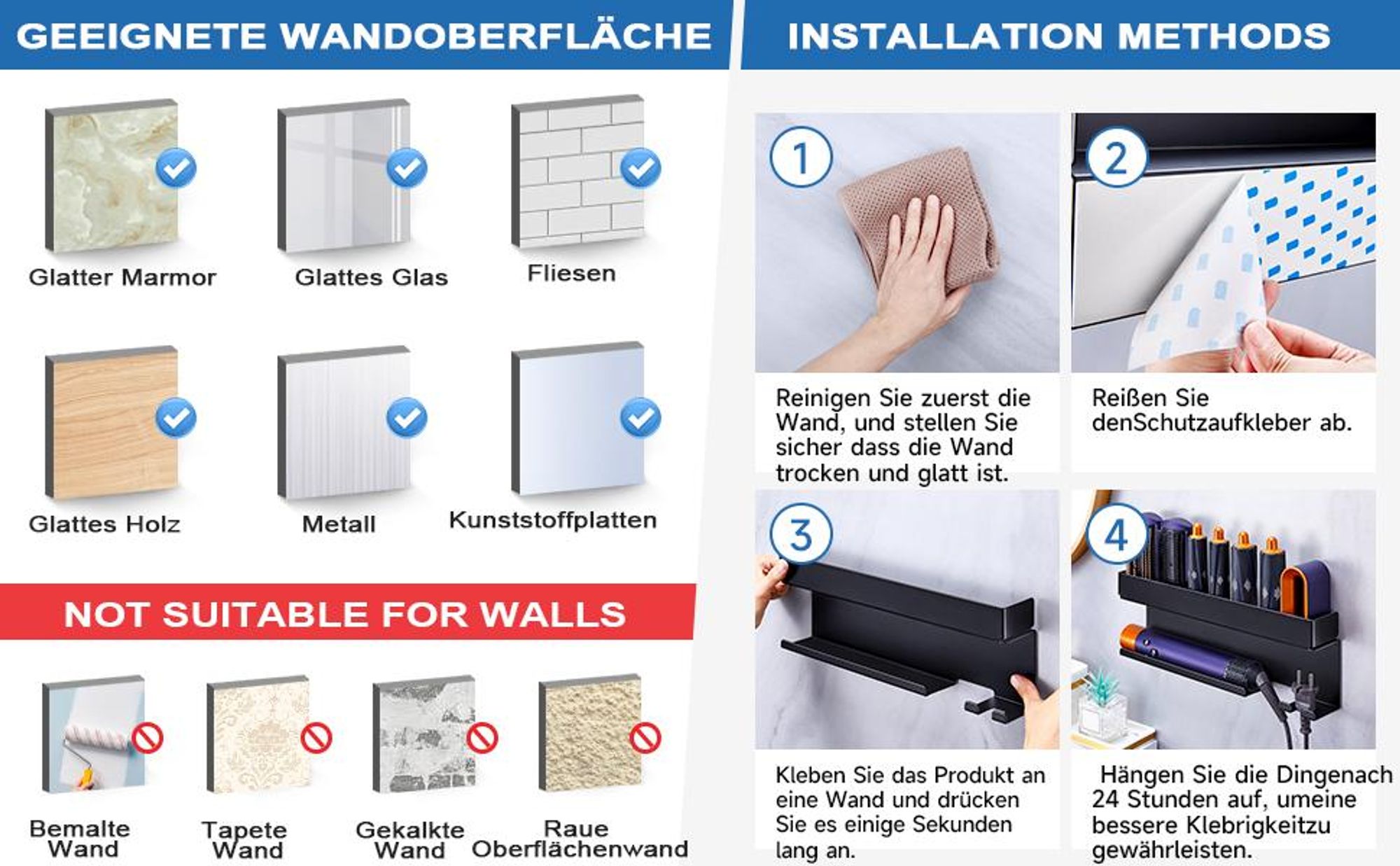 Föhnhalter Wand Ohne Bohren, Föhn und Glätteisen Halterung Für Styler Lockenstab Zubehör, Fönhalterung Wandhalterung, Selbstklebend Haartrocknerhalter
