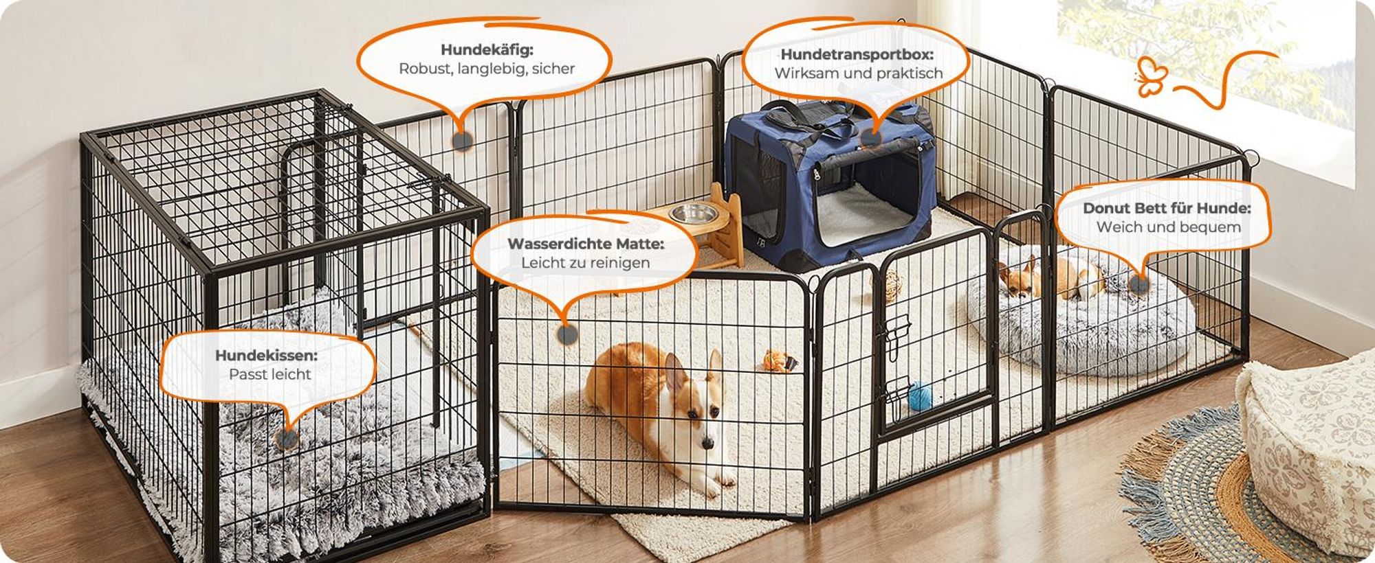 FEANDREA Hundekäfig, Hundebox mit 2 Türen, 107 x 70 x 74,9 cm