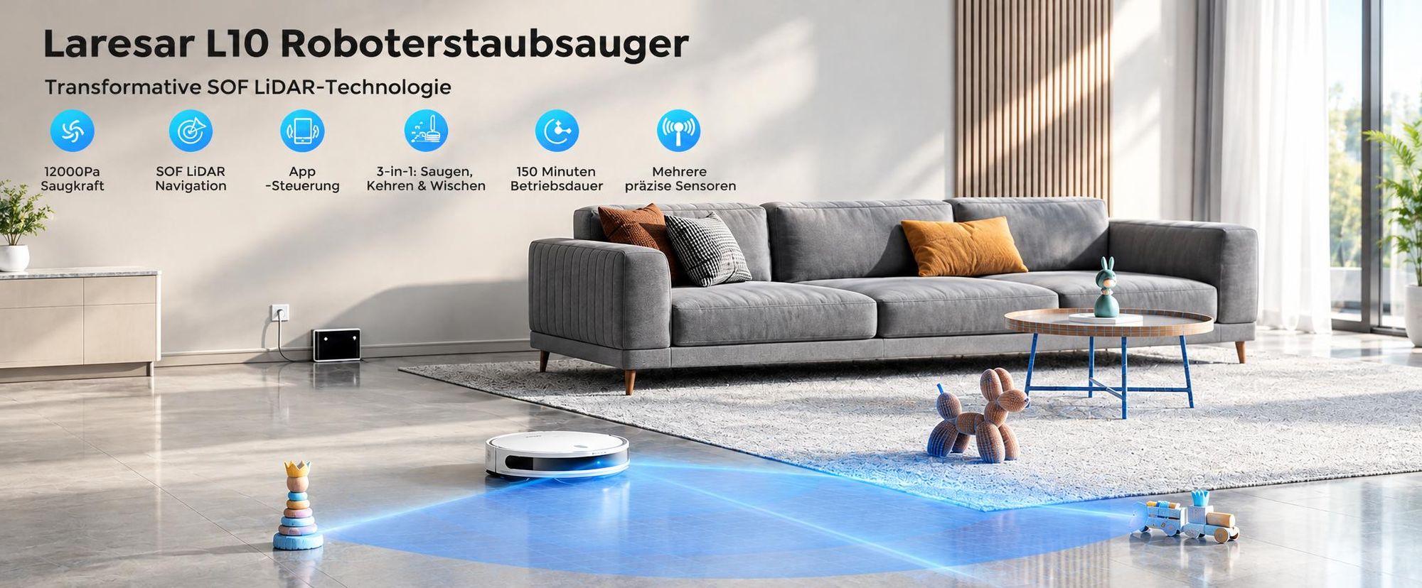 Laresar Staubsauger Roboter,12000Pa Transformative SOF LiDAR-Technologie,3-in-1-Roboterstaubsauger,APP/Alexa,Bis zu 150 Minuten