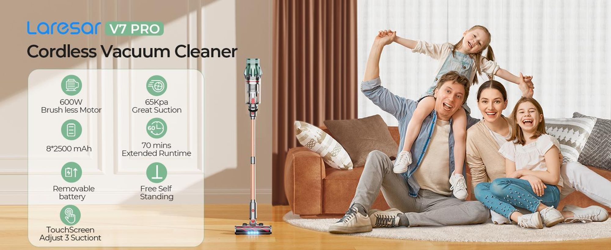 Laresar V7pro Odkurzacz bezprzewodowy , odkurzacz bezprzewodowy 600W/65 000pa z ekranem dotykowym, czas pracy do 60 minut