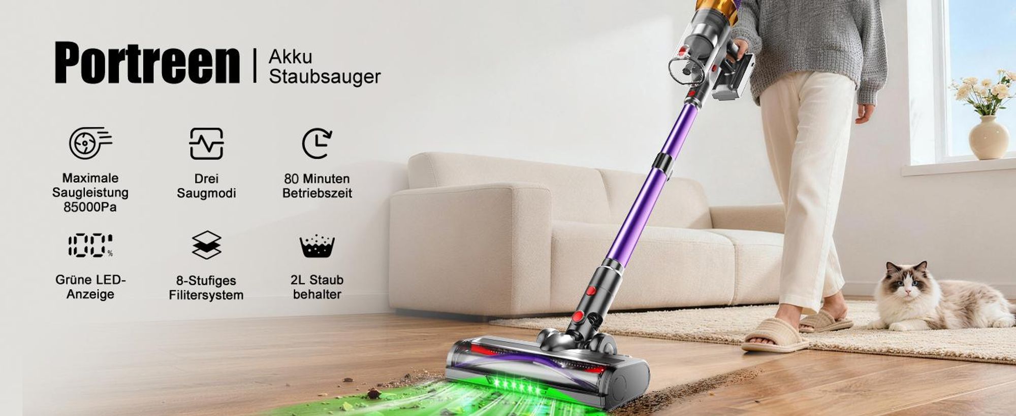 Portreen Akku Staubsauger, 85000Pa Staubsauger kabellos mit Haustierbürste, Schlauchbürste, Touchscreen, HEPAx4, 2L, 80Min, Anti-Tangle-Staubsauger