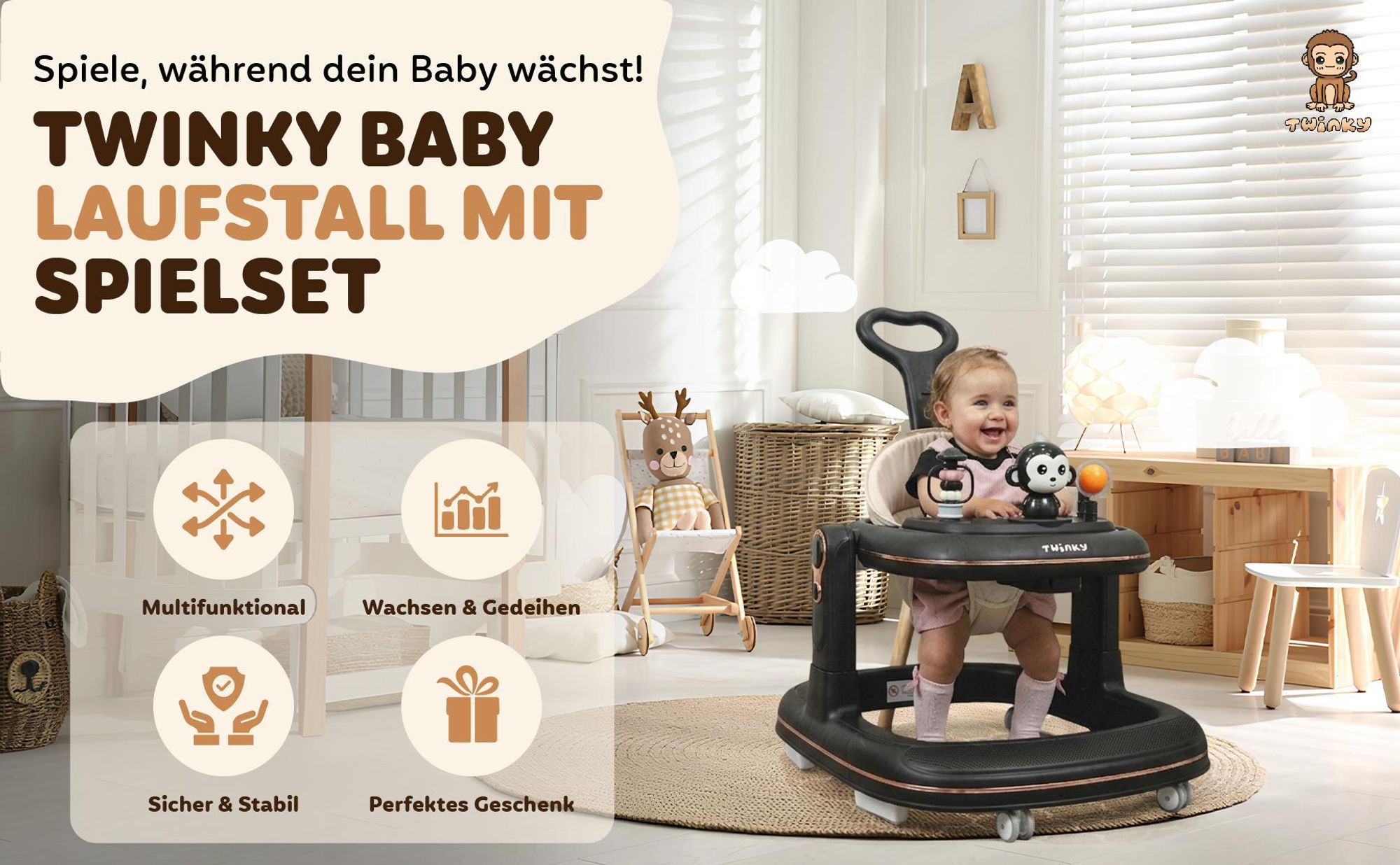 Twinky® GO 3 en 1 Lauflernhilfe in Schwarz | Lauflernwagen mit Spielset und Zubehör für sicheres und spielerisches Lernen