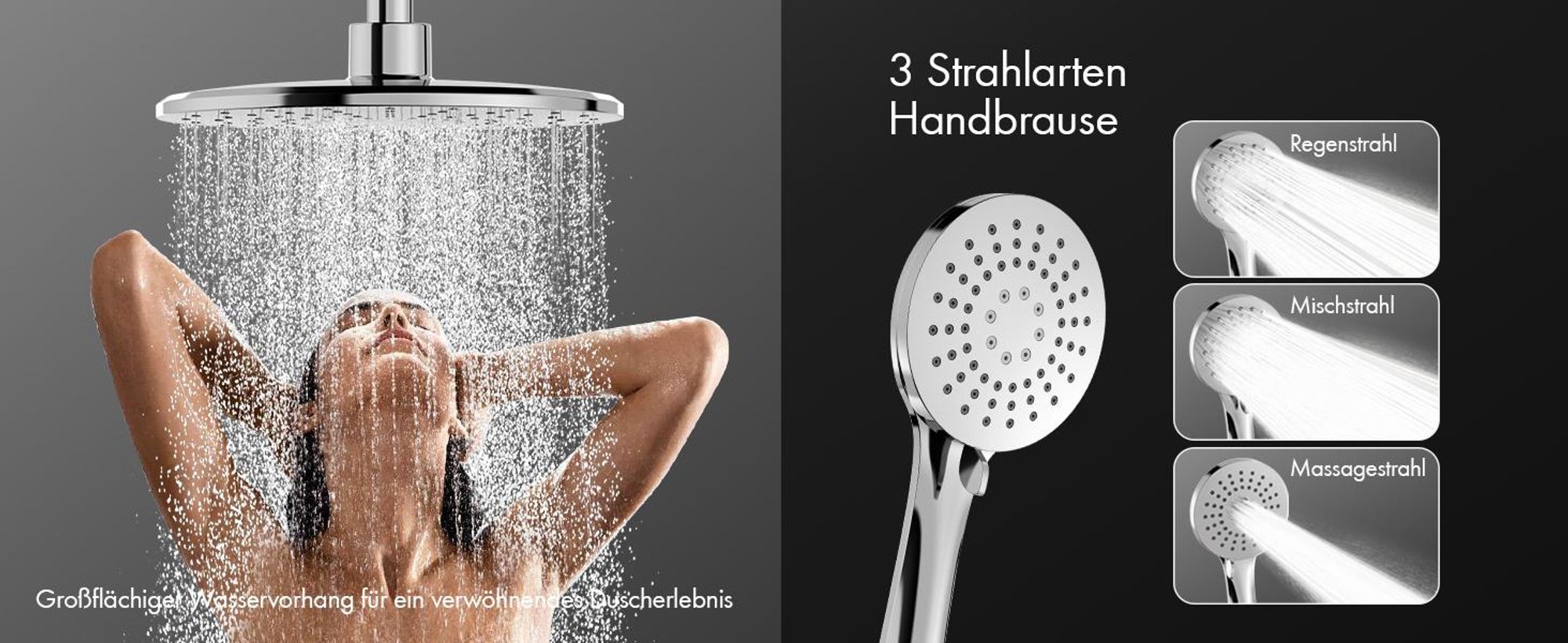 Duschsystem mit 38 °C Thermostat Edelstahl & Regal, Edelstahl Duscharmatur Set mit Handbrause & Kopfbrause, 3 Strahlarten, Höhenverstellbar, Chrom