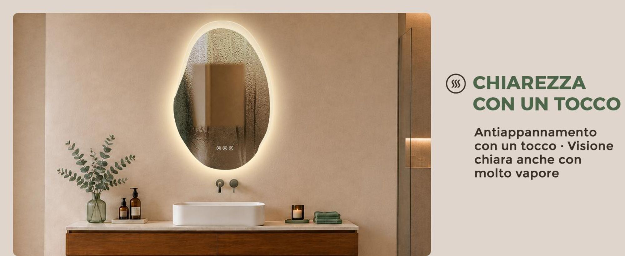 S'AFIELINA Specchio Bagno LED 48 × 72 cm, Asimmetrico, Touch, Senza Cornice,3 colori di luce, dimmerabile, antiappannamento e memoria