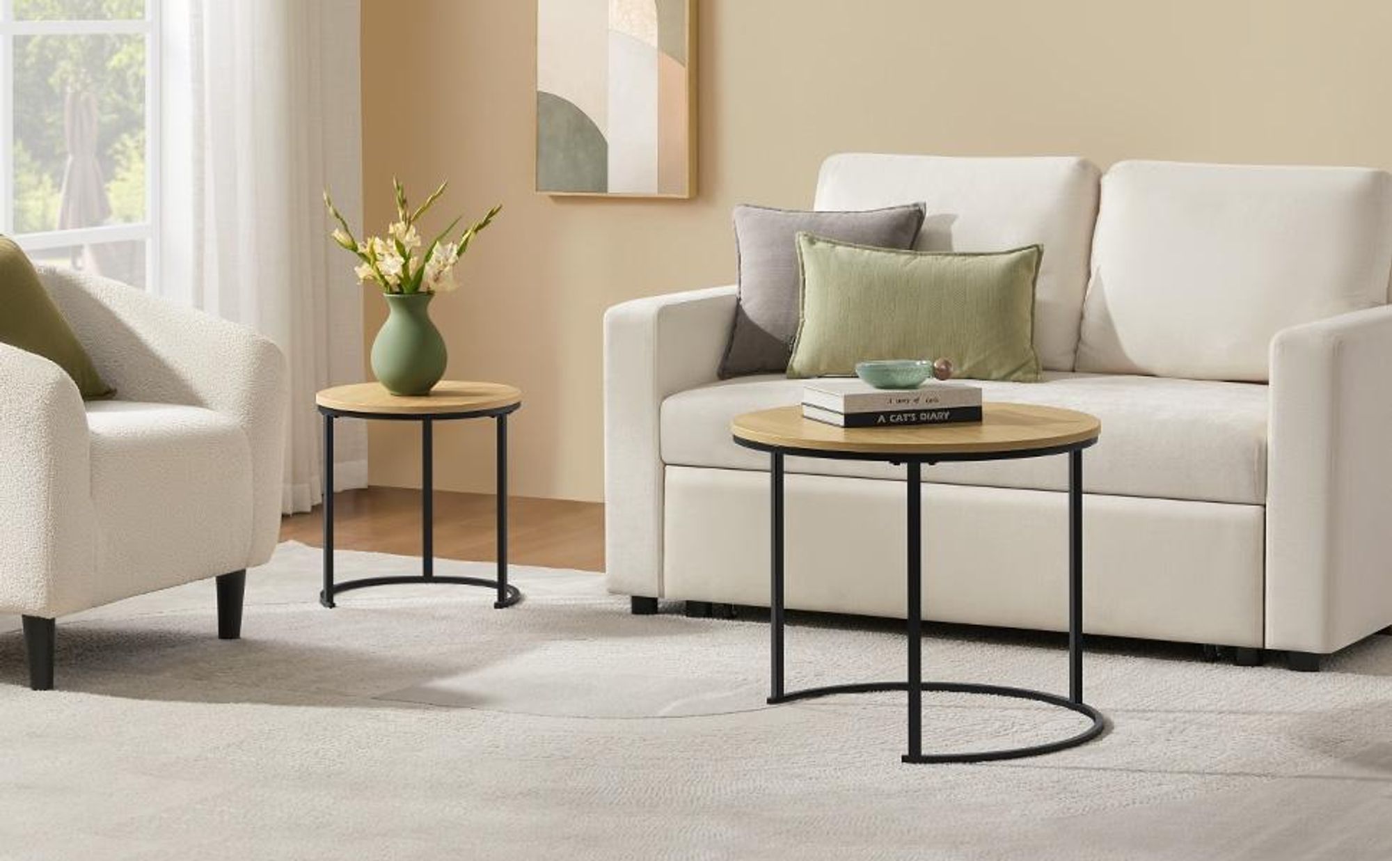 Yaheetech Couchtisch 2er Set, runder Beistelltisch Set, Sofatisch mit Metallgestell, Satztische für Wohnzimmer Schlafzimmer, Eiche