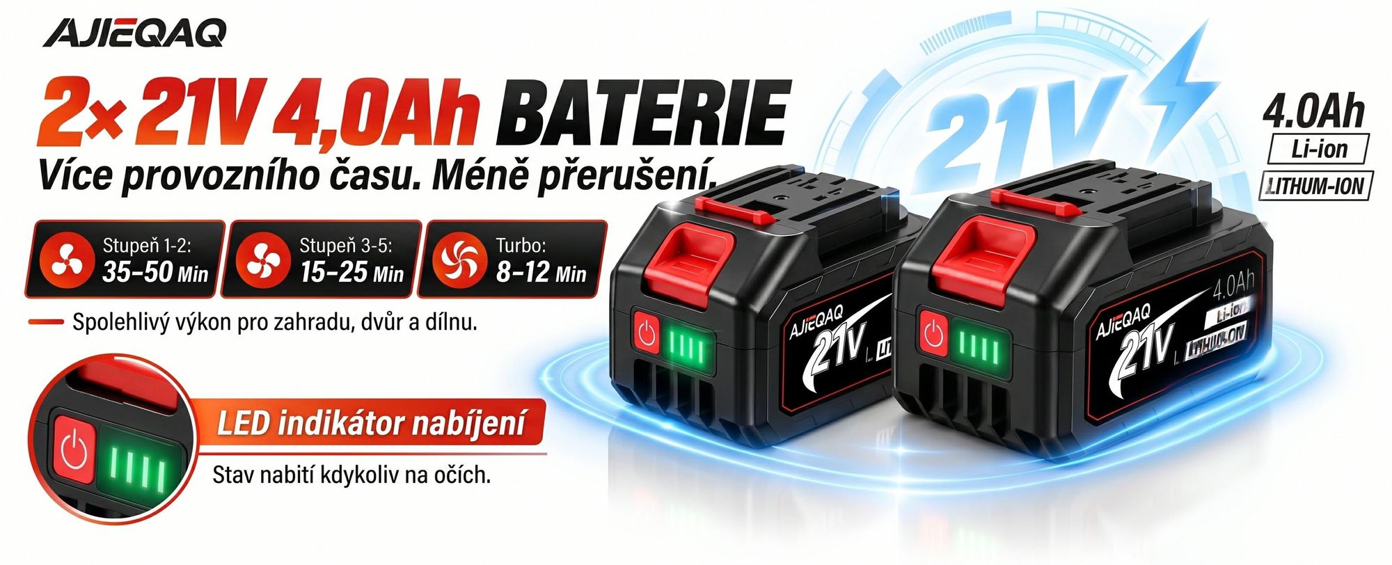Aku foukač listí 21V Brushless, 2×4,0Ah baterie, 320 km/h, 6 stupňů s Turbo režimem, 1000W, bezdrátový foukač se 2 trubicemi
