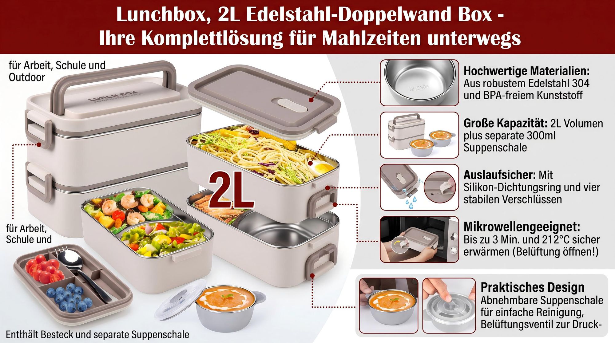 Lunchbox, 2L Edelstahl-Doppelwand Box,Isolierte und auslaufsicher mit Besteck und Suppenschale,für Arbeit,Schule und Outdoor