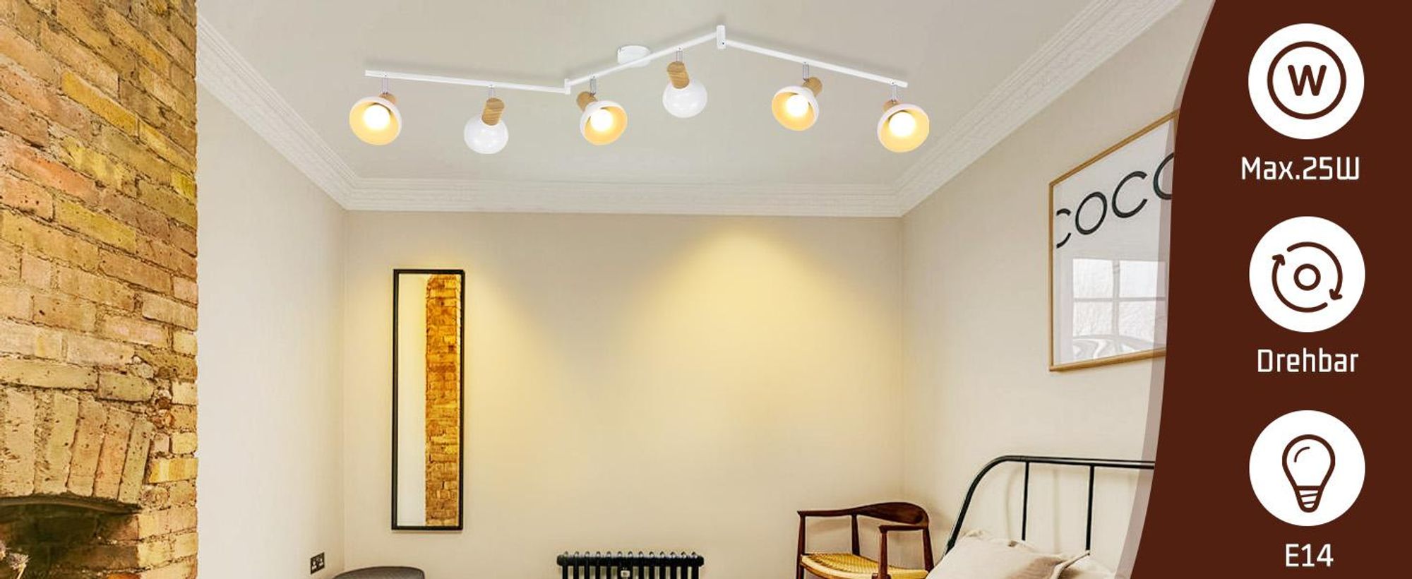 ZMH Deckenstrahler Flur Deckenleuchte Deckenlampe Innen 6 Flammig Strahler Mit Schwenkbar Industrial Weiß Eisen Deckenspots E14 Ohne Leuchtmittel