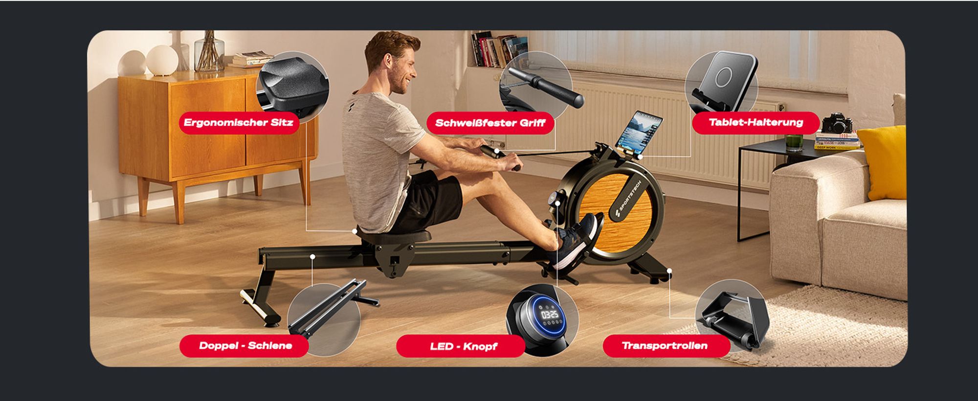 Sportstech PROwer_OAK Rudergerät für Zuhause