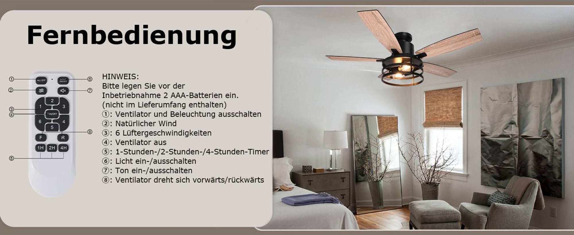 132cm Deckenventilator mit Beleuchtung und Fernbedienung, DC Motor, 2x E27 Glühbirnen, 6 Windgeschwindigkeit, Timer, für Wohnzimmer Küche Esszim