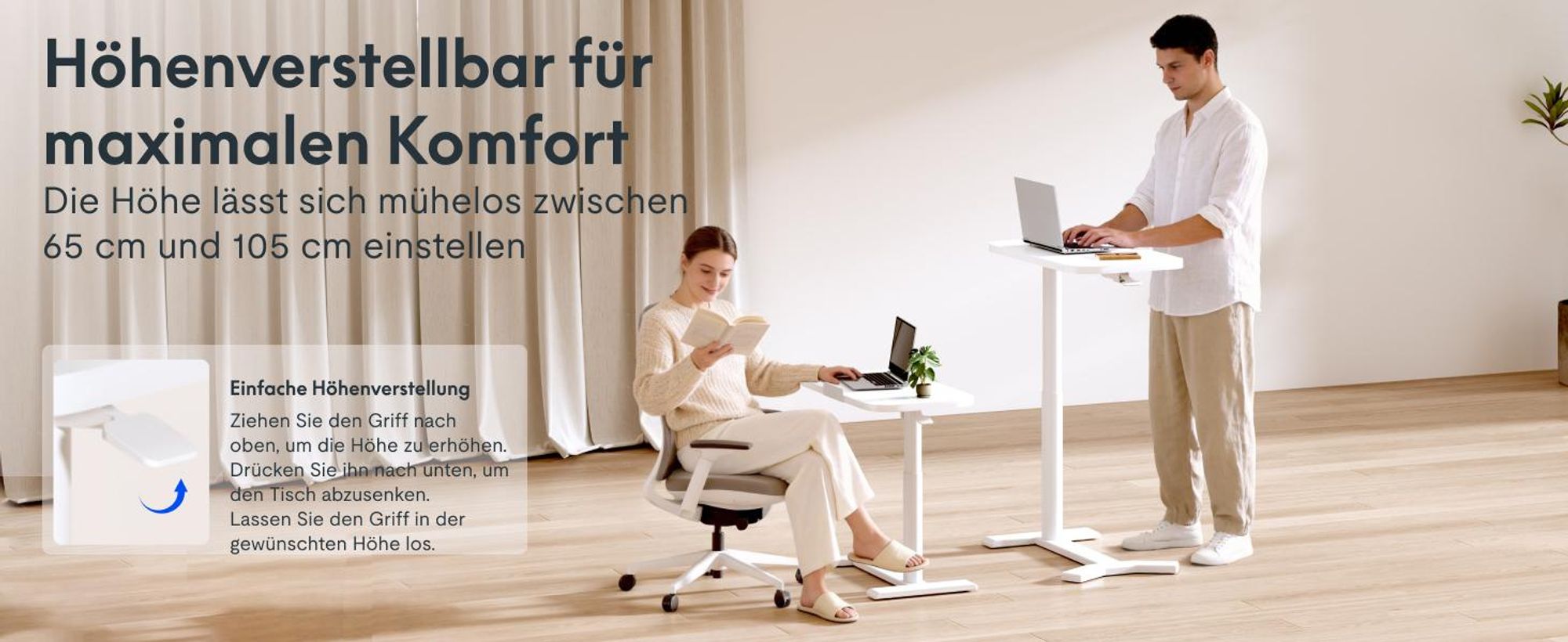 FLEXISPOT Beistelltisch Höhenverstellbar in C-Form, klappbarer Laptoptisch mit Rollen, 65–105 cm, Nachttisch, für Bett und Sofa, Weiß