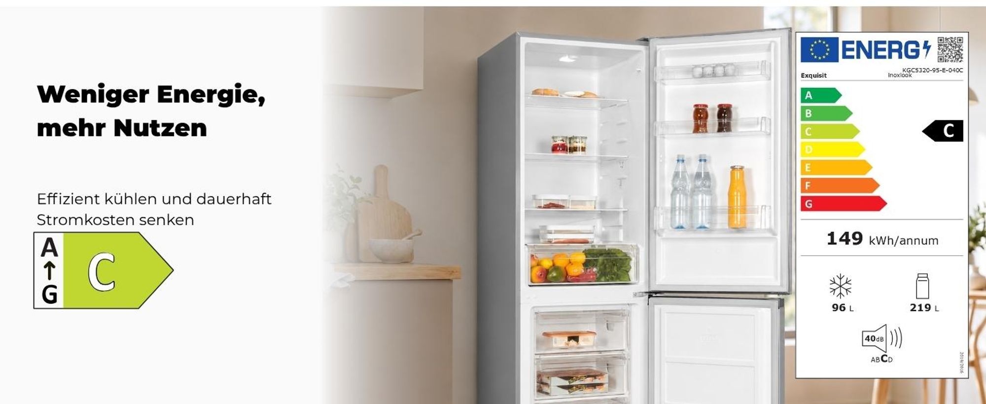Exquisit Kühl-Gefrierkombination, Kühlschrank mit Gefrierfach, 4-Sterne-Gefrieren, 315 Liter, Alarm-Funktion, KGC5320-95-E-040C inoxlook