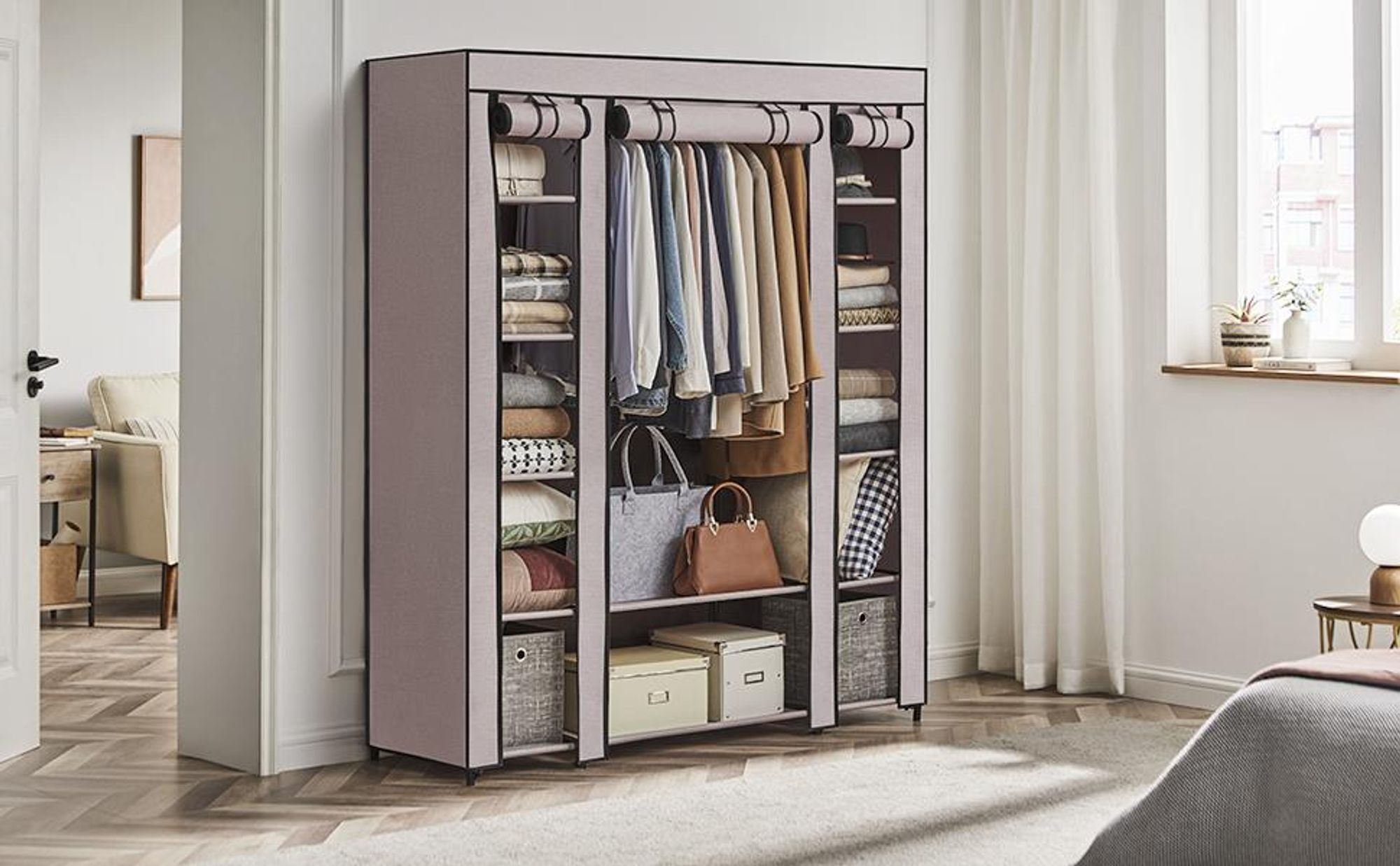 SONGMICS Kleiderschrank, Stoffschrank, mit Überzug aus Vliesstoff, Faltschrank mit Kleiderstange, 45 x 150 x 175 cm, 12 Ablagen, Metallrahmen, Schrank