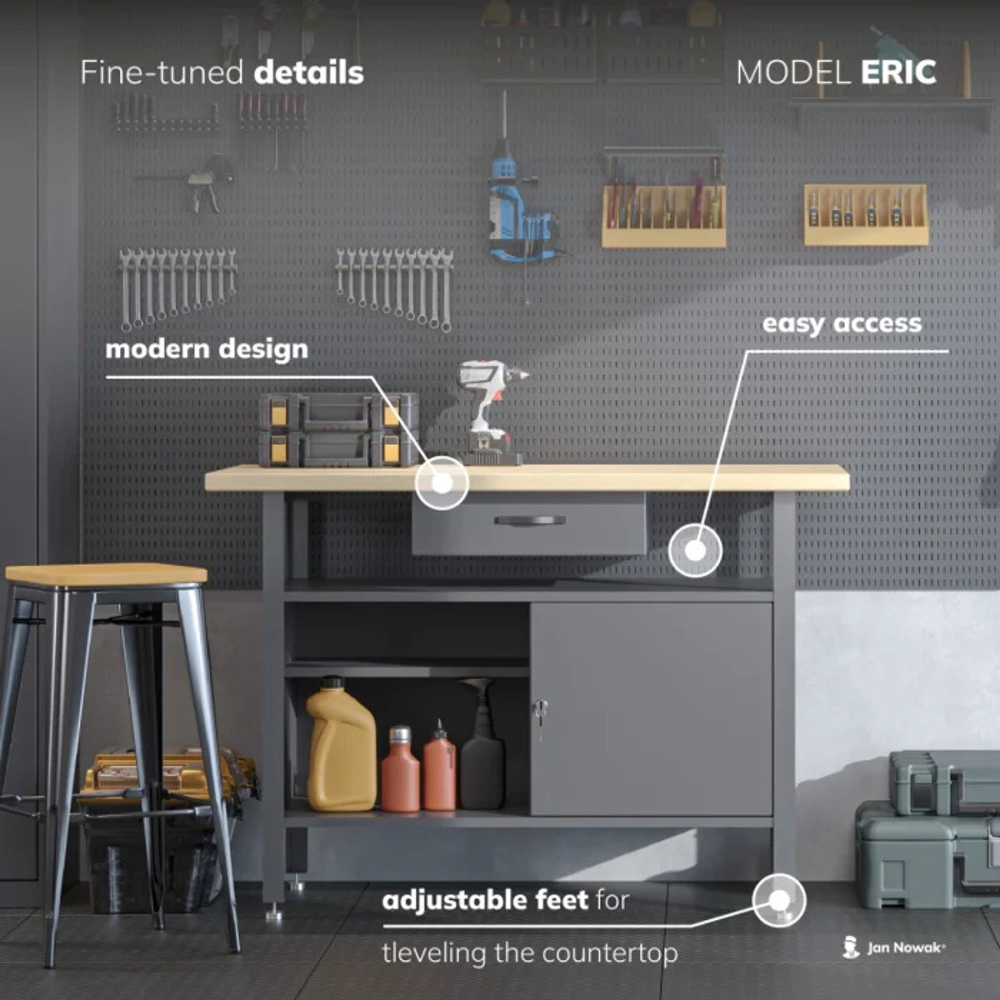 Werkbank mit Arbeitsplatte Werktisch mit Schublade Abschließbares Fach Verstellbare Füße Belastbar bis 400 kg Metall 120 cm x 60 cm x 85 cm Farbe: Anthrazit-Rot