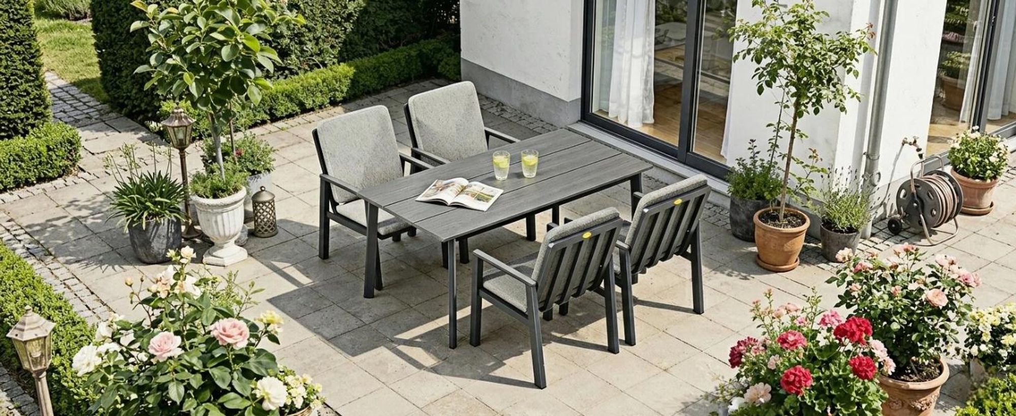 MEXO Gartenlounge-Set Aluminium Garten Essgruppe für 4 Personen, GartenStuhl mit Ergonomischen Sesseln inkl. Kissen, Belastbarkeit pro Sitzplatz 140kg