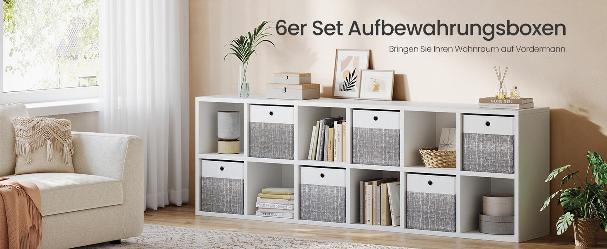 SONGMICS Aufbewahrungskörbe, 6er Set, faltbare Stoffboxen mit PP-Platten, für Regal, 33 x 33 x 33 cm, weiß-grau