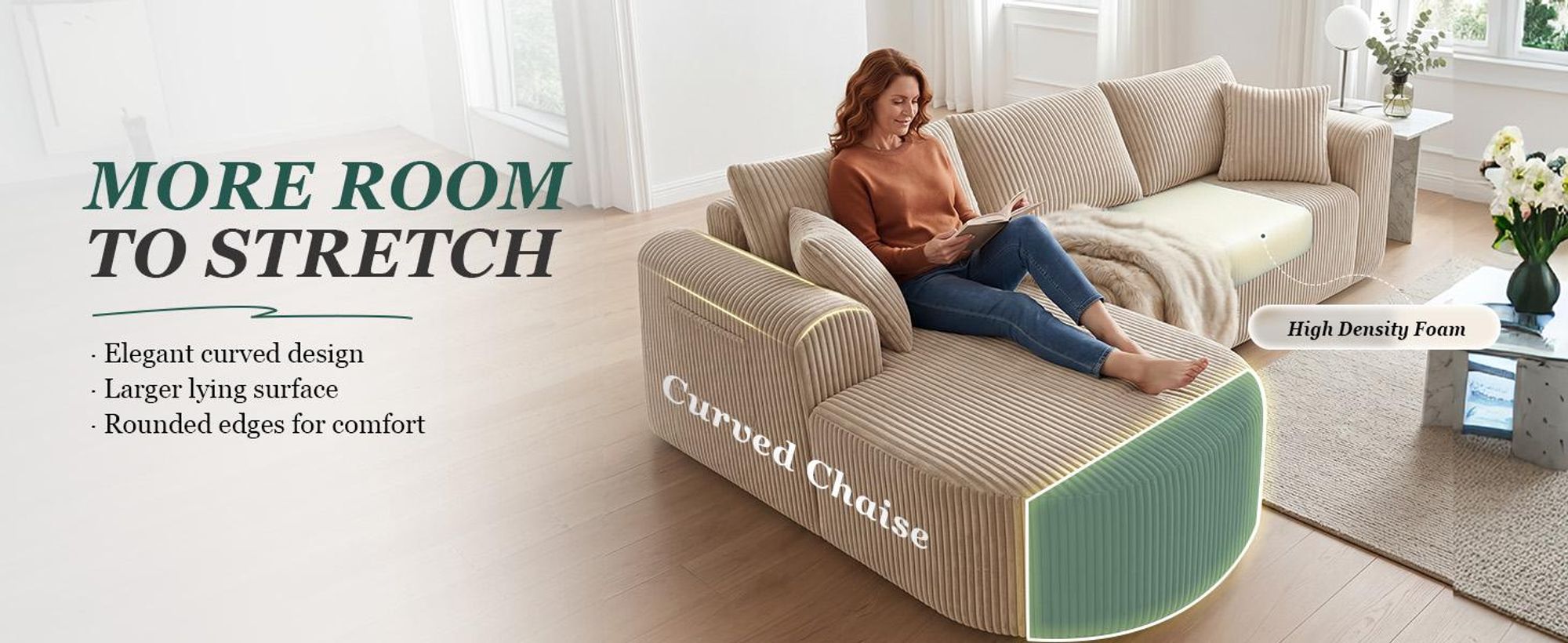COMHOMA Rohová sedačka s možnosťou rozloženia na lôžko, 263 cm, corduroy, modulárna, bez kostry, s chaise longue, rohová sedačka s možnosťou rozloženia na lôžko, modulárne sedačky s vankúšmi a bočnými vreckami