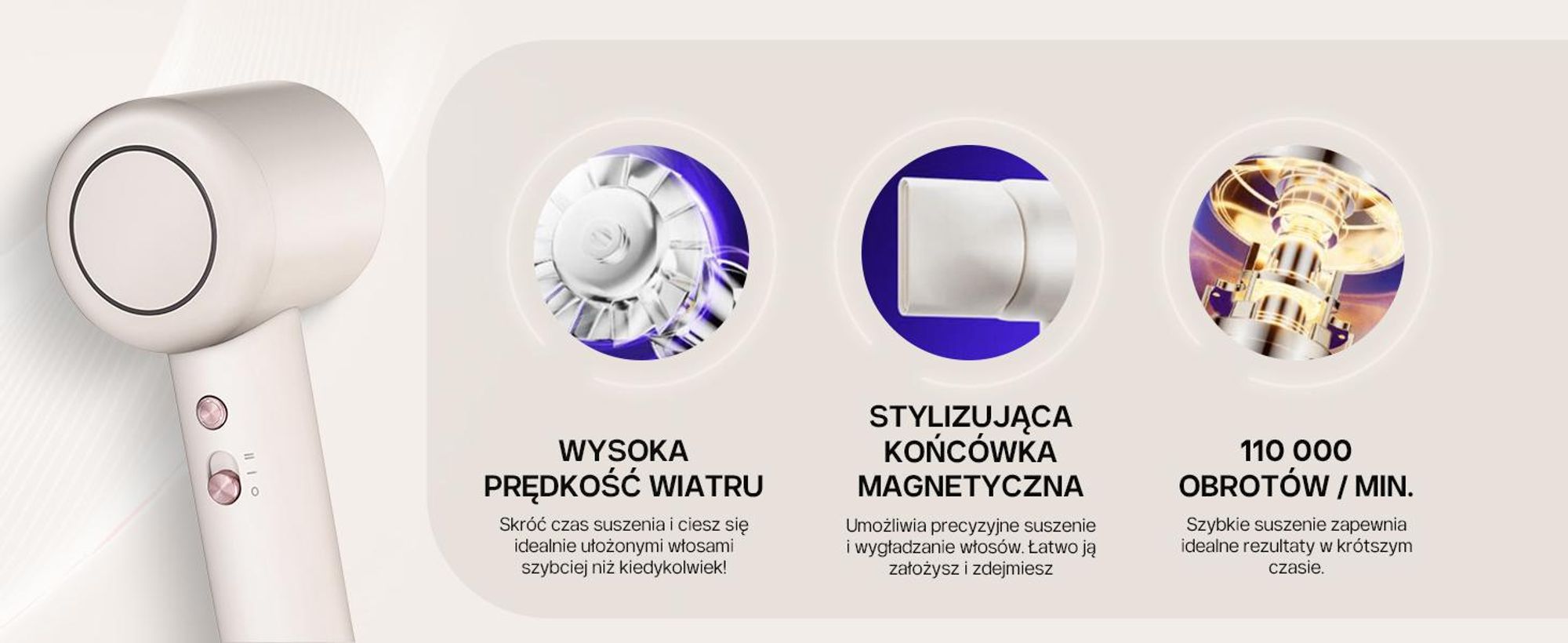 4Suszarka do włosów Swiss F324 AirCare+, 8 trybów suszenia, 110 000 obrotów na minutę, jony >500 milionów, magnetyczna końcówka do stylizacji, cicha i lekka 370 g.