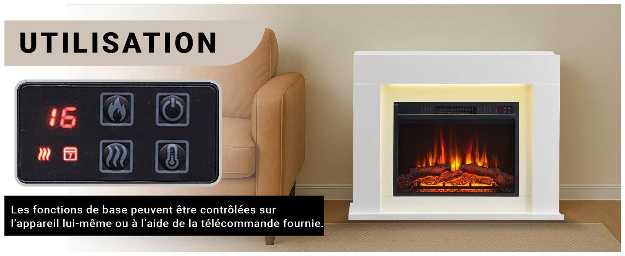 Cheminée électrique sur pied BALDERIA Finn Design – Puissance de chauffage jusqu'à 2 000 W, blanche