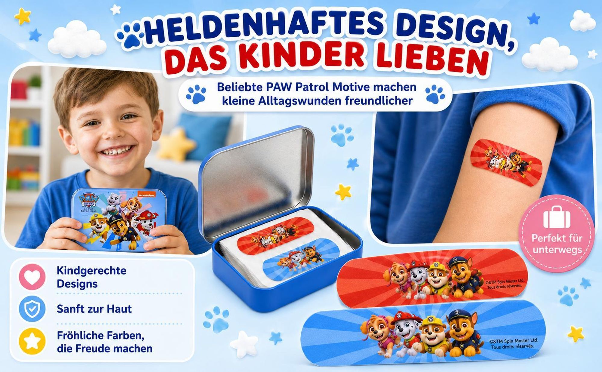 Paw Patrol Kinderpflaster Lizensiertes Produkt - Metall-Box - 24 Pflaster - Schönes Design Pflaster Aufbewahrungsbox für Kinder - 1 Box