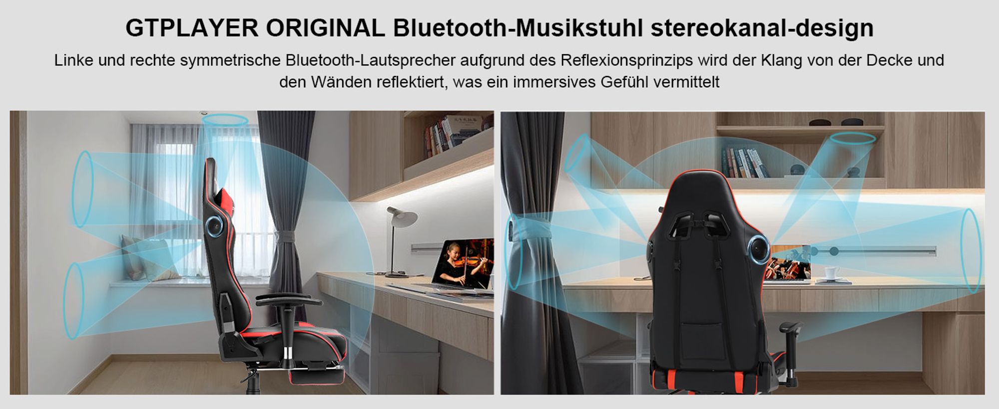 GTPLAYER Gaming Chair »Welt-limitierte Auflage 890MF Patentierter Bluetooth-Lautsprecher-Gaming-Stuhl«, Bürostuhl inkl. Lenden- und Nackenkissen, Ausziehbare Fußablage, Ergonomischer Schreibtischstuhl Rot