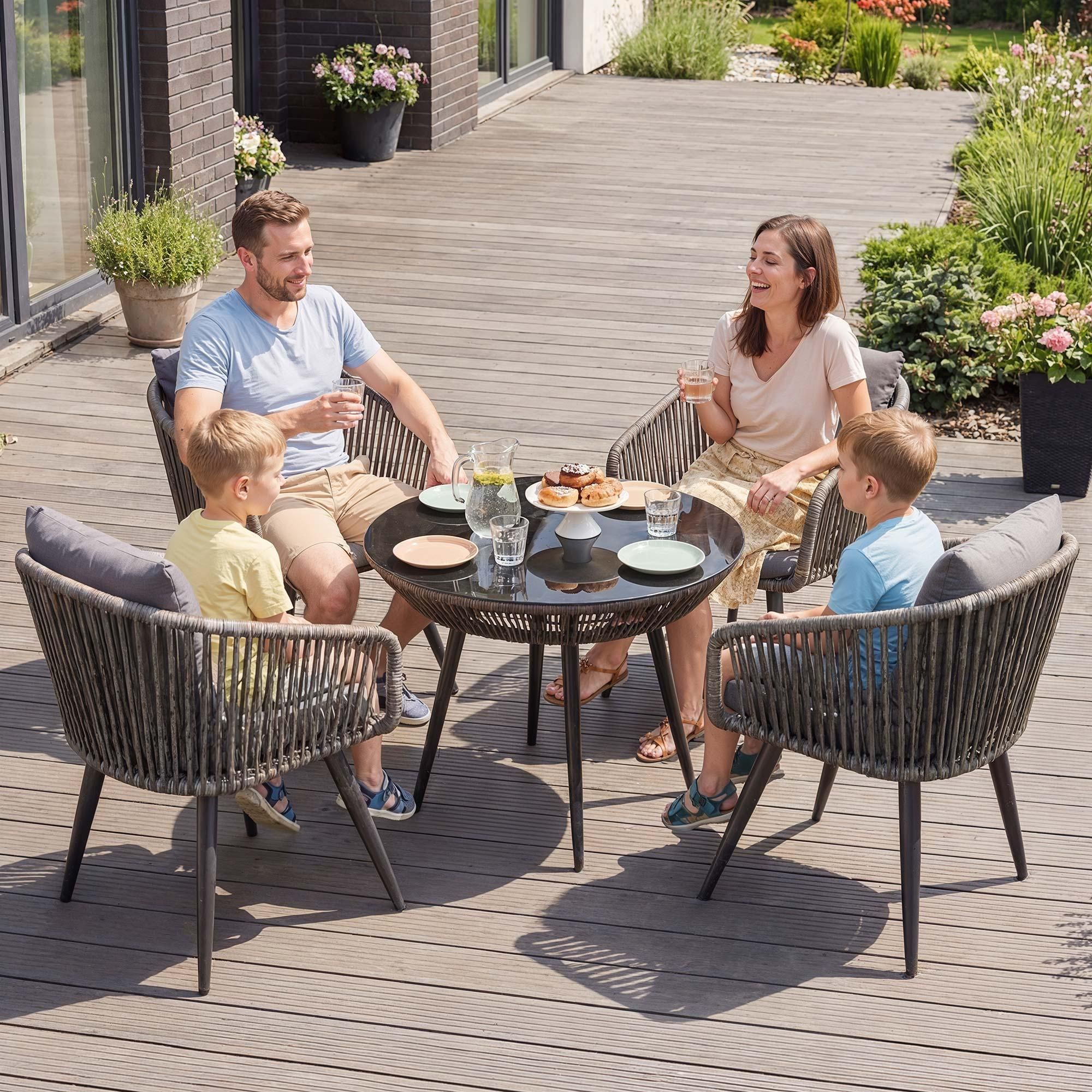 di volio Gartenmöbel Set RIETI - Grau, Sitzgruppe outdoor aus Polyrattan, Essgruppe mit 4 Stühlen und rundem Glastisch, wetterfest