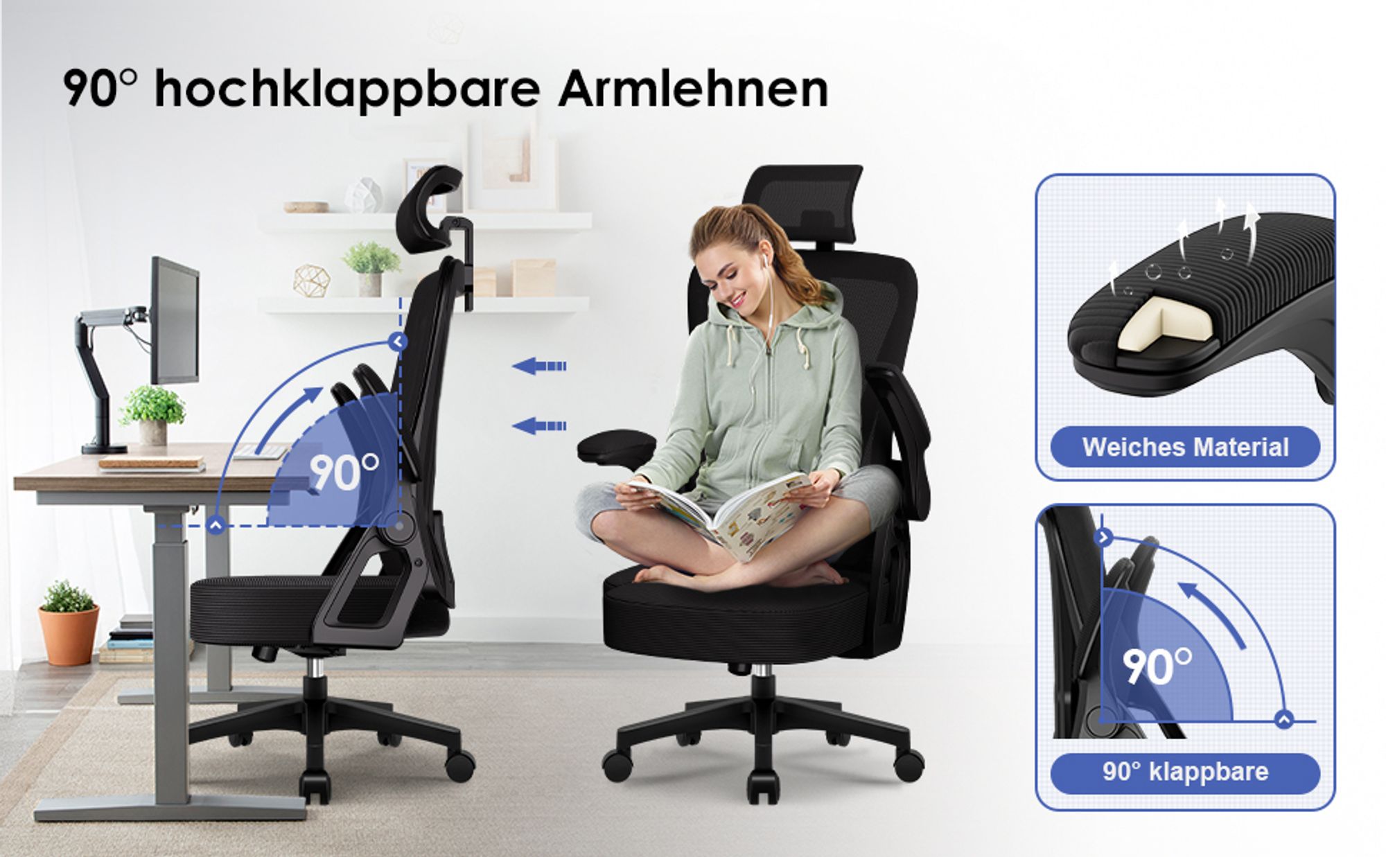 Marodic Bürostuhl Ergonomisch Schreibtischstuhl mit Verstellbarer Kopfstütze, Armlehnen, Lendenwirbelstütze Drehstuhl Chefsessel bis zu 150 kg Schwarz