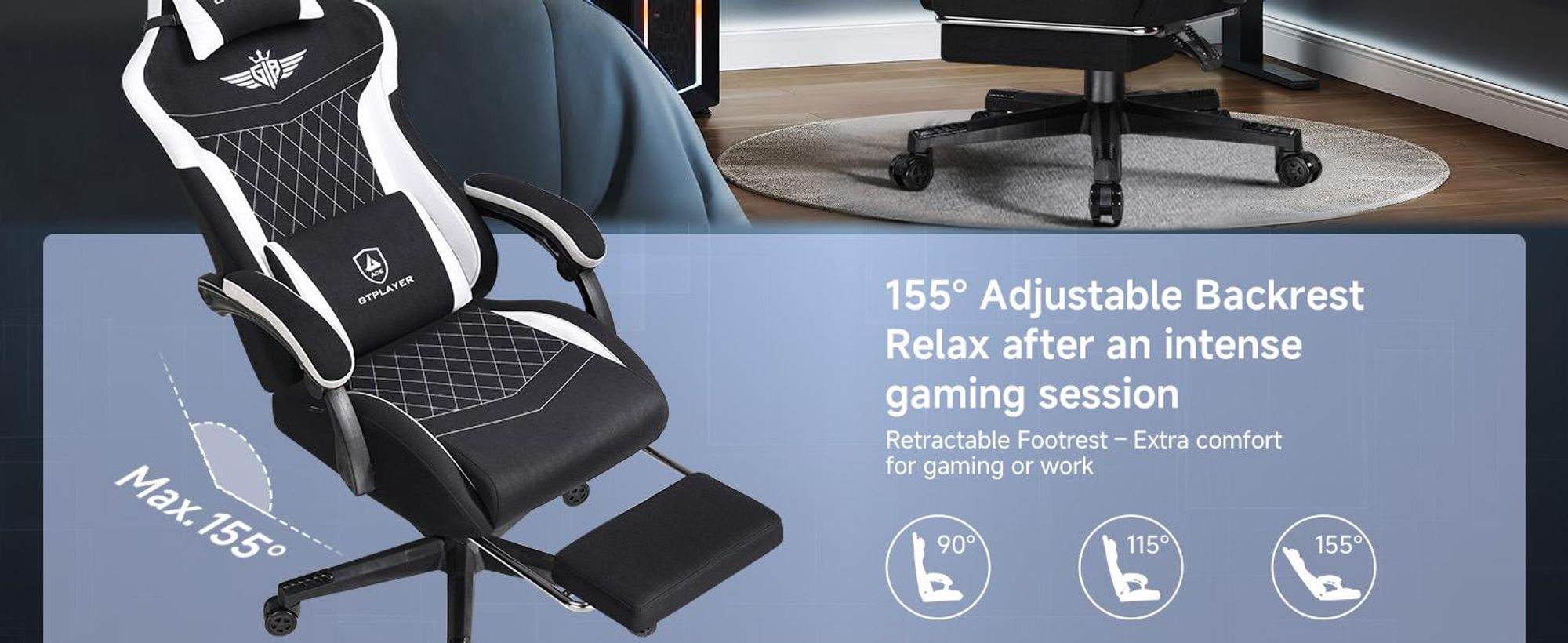 GTPLAYER Gaming Stuhl, Ergonomischer Gamer Stuhl aus Stoff mit Lendenwirbelstütze, PC-Stuhl mit verbreiterter Rückenlehne, Belastbar bis 150 kg, Schwa