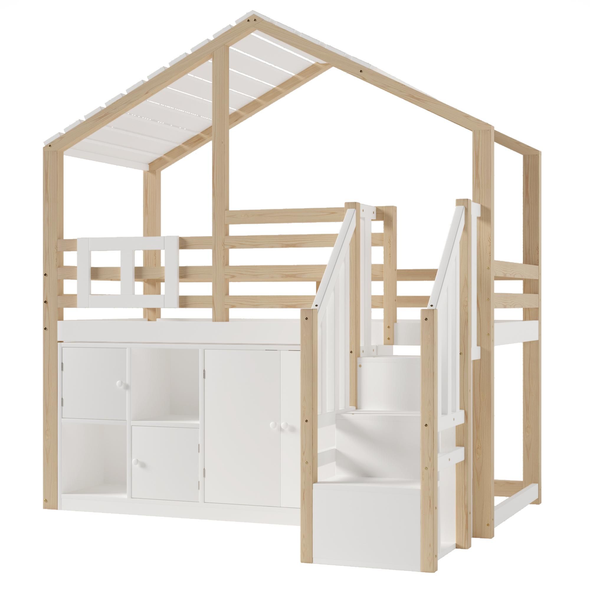 Flieks Etagenbett 90x200cm mit Schließfächer, Kinderbett Hausbett mit Rausfallschutz und Lattenrost, Hochbett Einzelbett mit Treppe, Naturbelassen